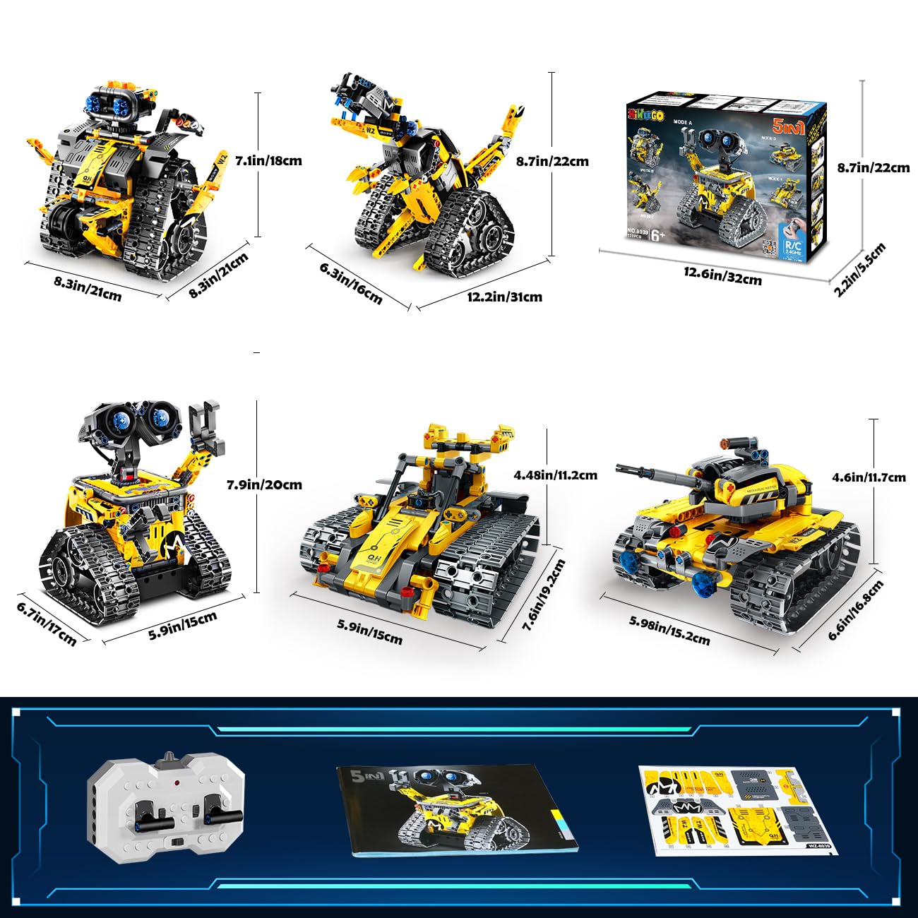 HiWEEGO Technik Roboter für Kinder Bausatz - 5-in-1 mit Fernbedienung und App Steuerung | 520 Stück RC Wall Roboter/Tech Robot Wiederaufladbarer Geschenke für 6-12+ Jahre alte Jungen Mädchen