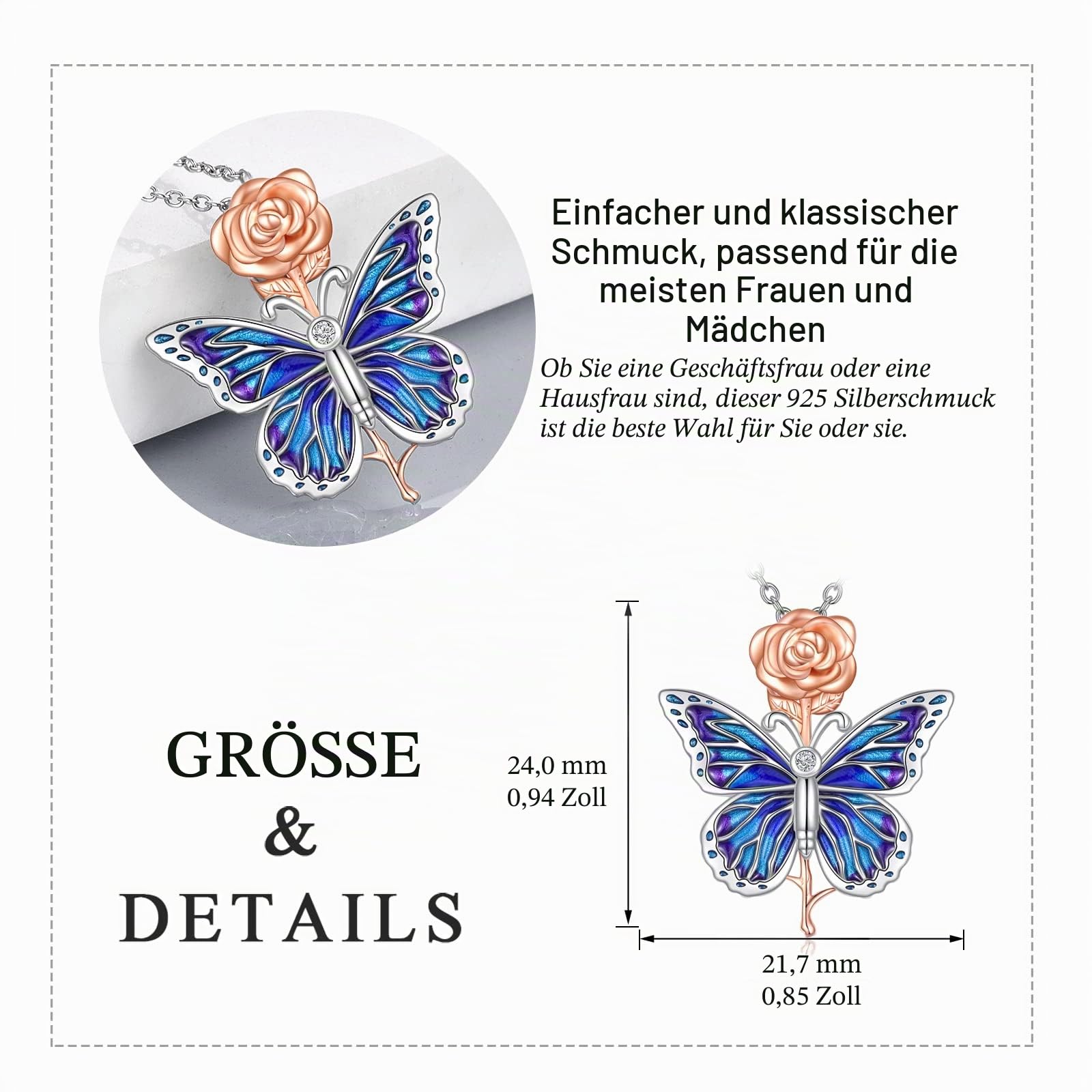 YAFEINI Schmetterling Kette Rose Blume Anhänger Halskette 925 Sterling Silber Schmetterling Schmuck Geschenk für Damen Mama Mädchen