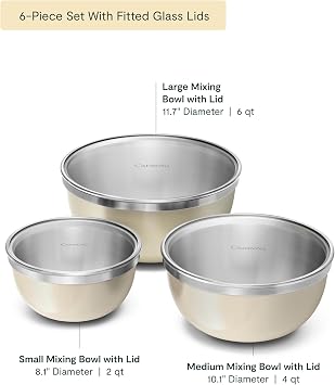 Caraway 6-Piece Mixing Bowl Set with Lids - 6 qt, 4 qt, 2 qt Stainless Steel Bowls with Tempered Glass Lids - Non-Toxic, PFAS-Free - Cream