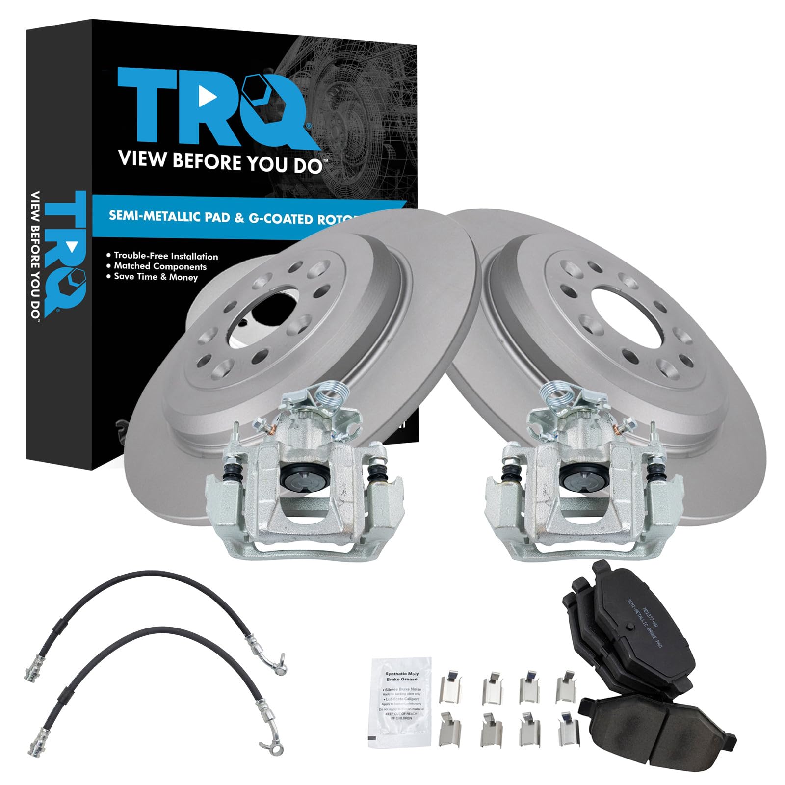 TRQ Rear Brake Pad and Rotor Set Semi Metallic G Coated Rotors Calipers Hoses Compatible with 2011-2014 Ford Edge 2011-2015 Lincoln MKX