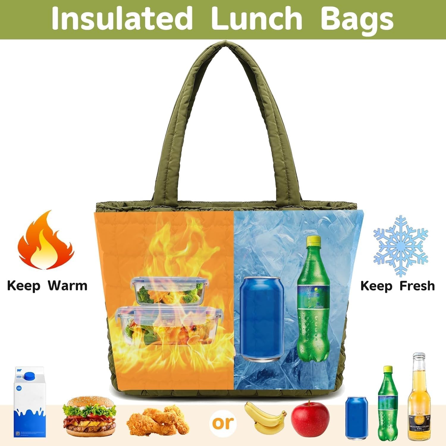 CAMTOP Lunch Box for Women Girls Insulated Cute Lunch Tote Bag Lunchbox Cooler Bag for Work Travel Picnic (Army Green) - Image 4