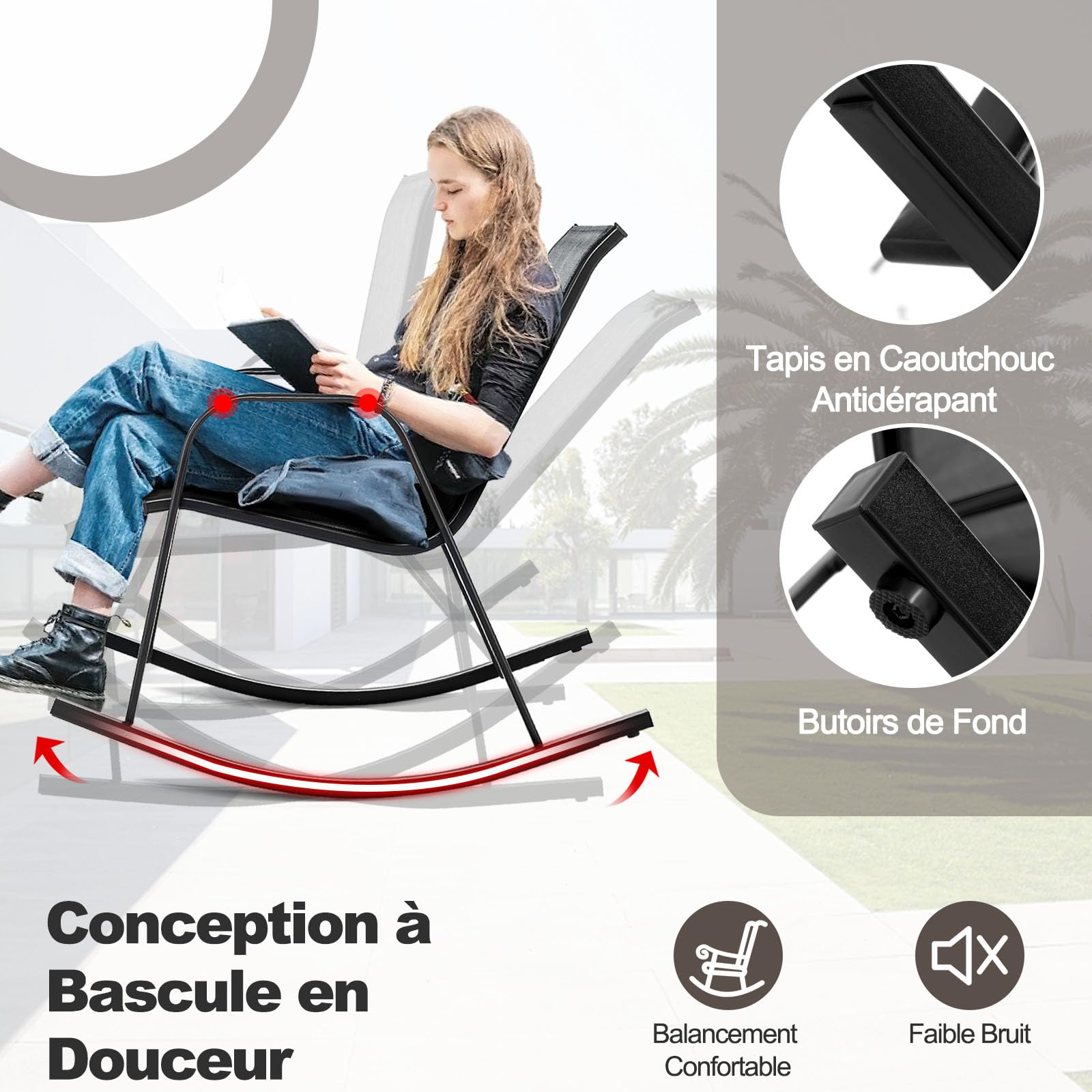 GOPLUS Lot de 2 Fauteuil Jardin Exterieur à Bascule en Textilène, 62 x 91 x 86 CM, Rocking Chair Cadre Métal avec Dossier Incurvé et Accoudoir Ergonomique, Charge de 150 KG, pour Jardin, Balcon (Noir)