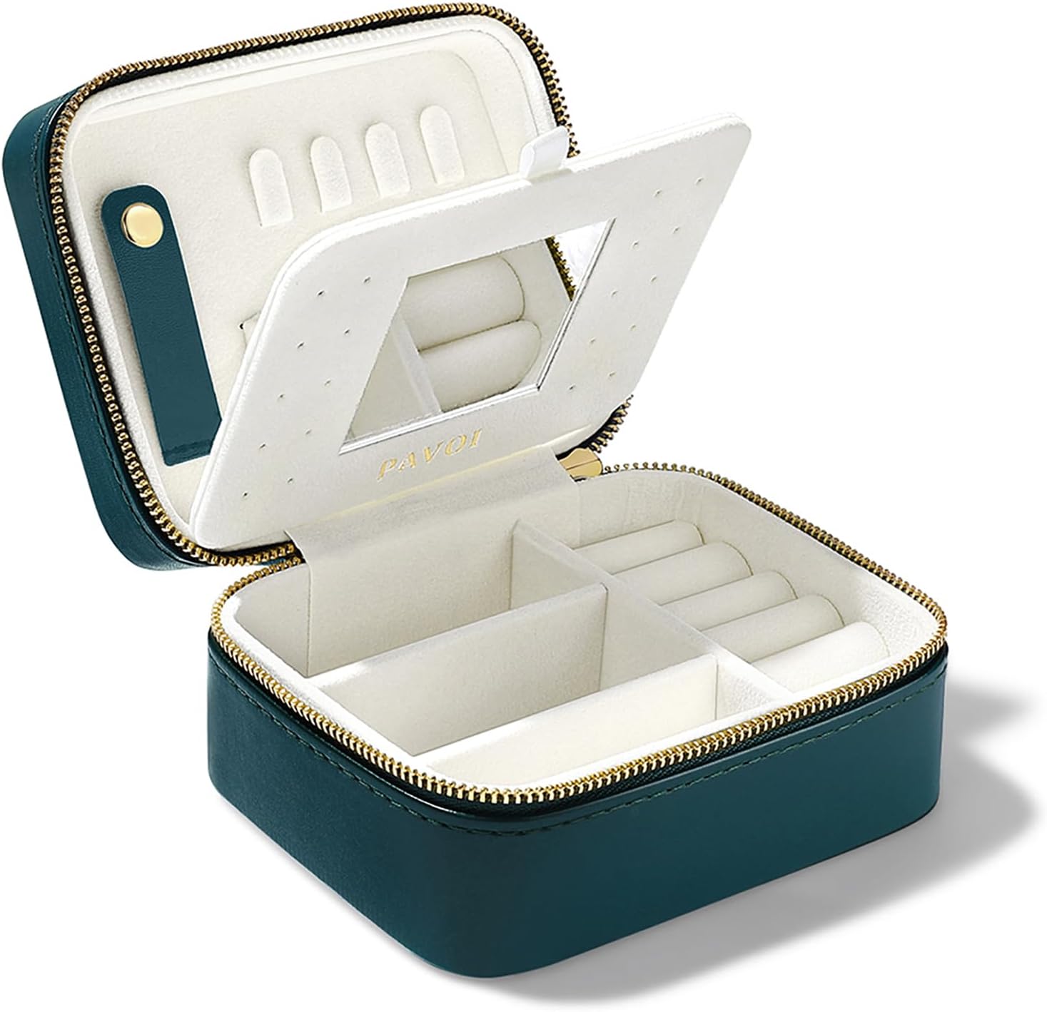 PAVOI Emerald Faux Leather Travel Jewelry Box for Women – Compact Case with Mirror – Portable Jewelry Organizer for Rings, Necklaces, Earrings, and Bracelets