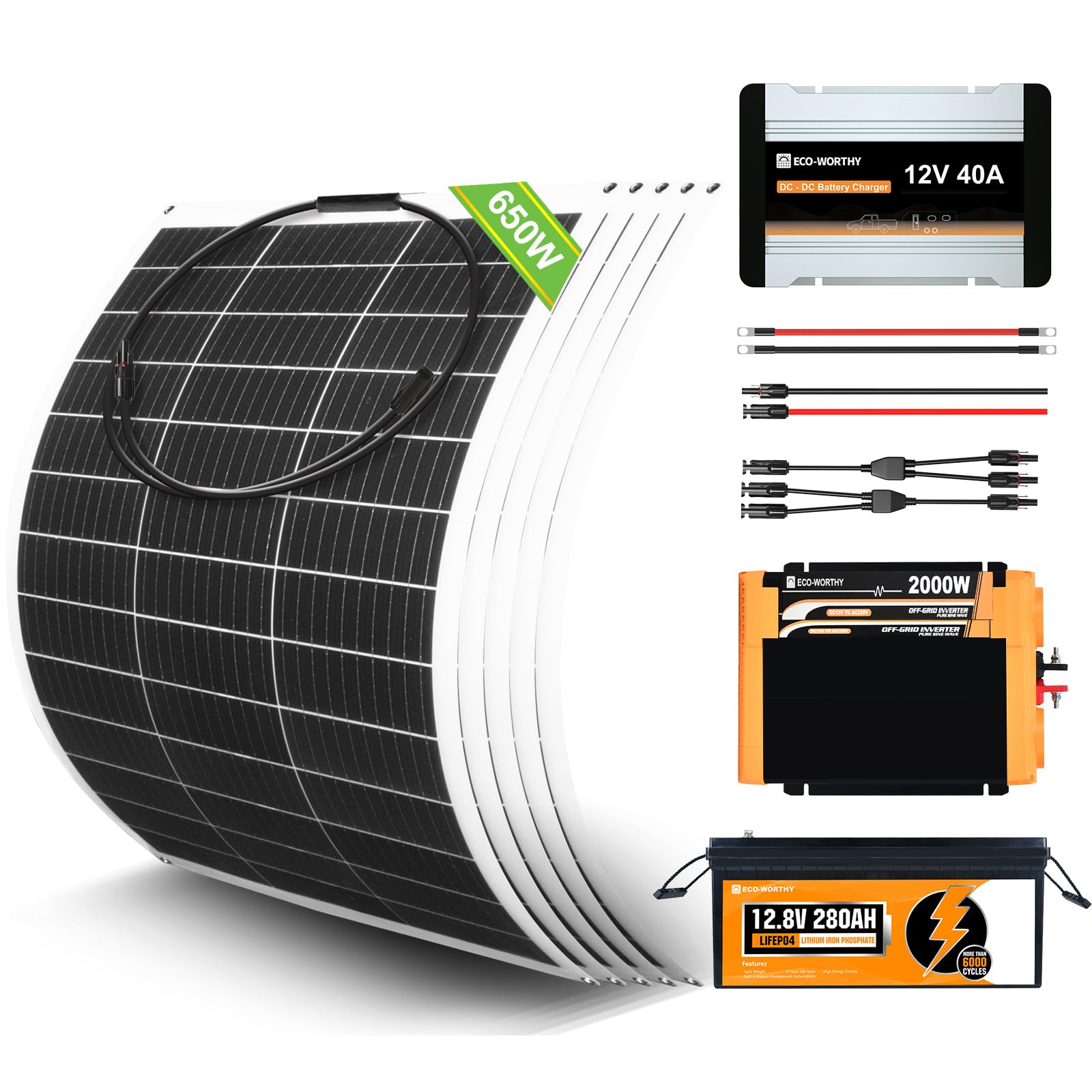 ECO-WORTHY 650W 0% VAT Solaranlage Komplettset netzunabhängiges für Wohnmobil Camper:5 Stücke 130W Solarpanel Flexibel+1 Stücke LiFePO4 280Ah +Wechselrichter 2000W+DC-DC Ladebooster 12V 40A