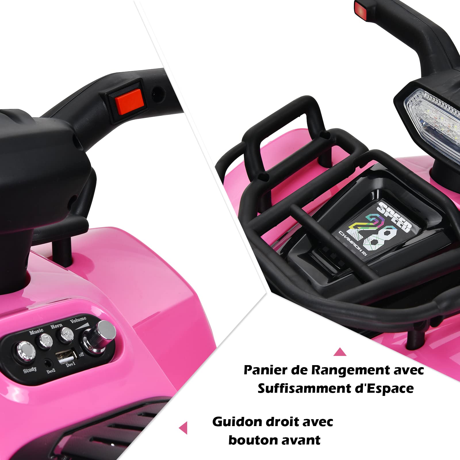 COSTWAY Quad Électrique Enfants avec 4 Roues Antidérapantes, Voiture Électrique Enfants avec Musique, Klaxon, Lumière LED, Guidon Lisse, Boîte de Rangement, Charge 20 KG 18-36 Mois (Rose)