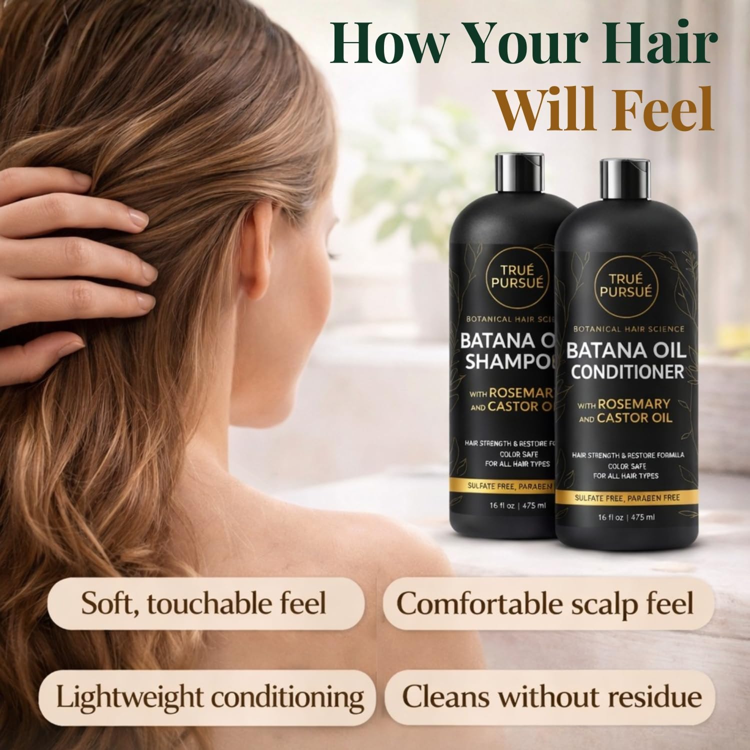 Batana Oil Shampoo & Conditioner Set for Men & Women with Rosemary & Castor Oil – Hair Growth Support & Sulfate-Free Hair Strengthening Care for Dry Damaged & Thinning Hair – 16 fl oz Each TRUÉ PURSUÉ