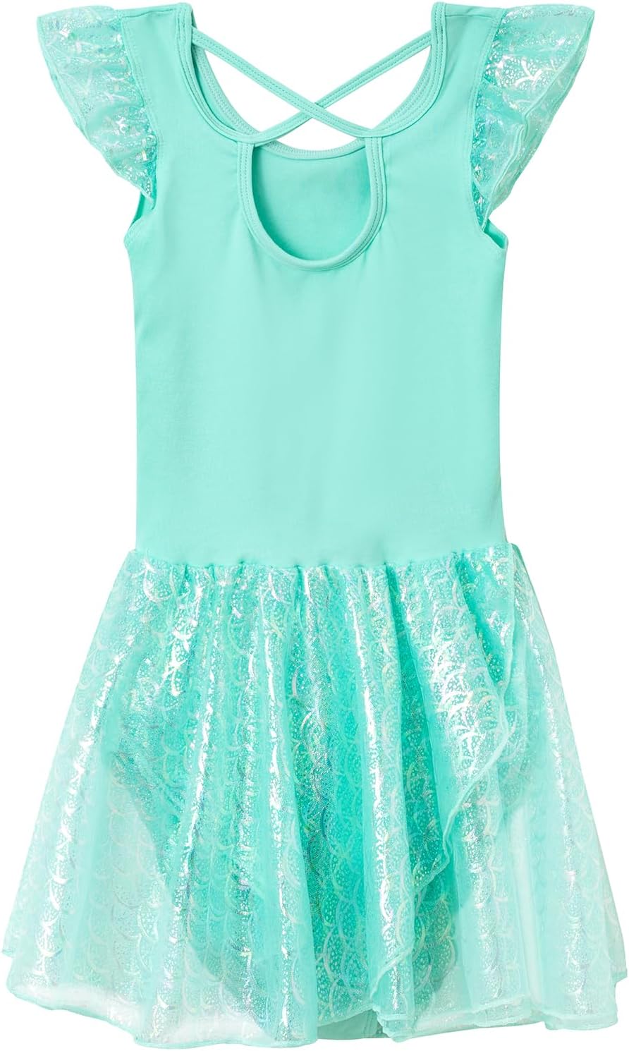 Phineein Girls' Flutter Sleeve Criss-Cross Back Dance Leotard with Dress Cutout Back