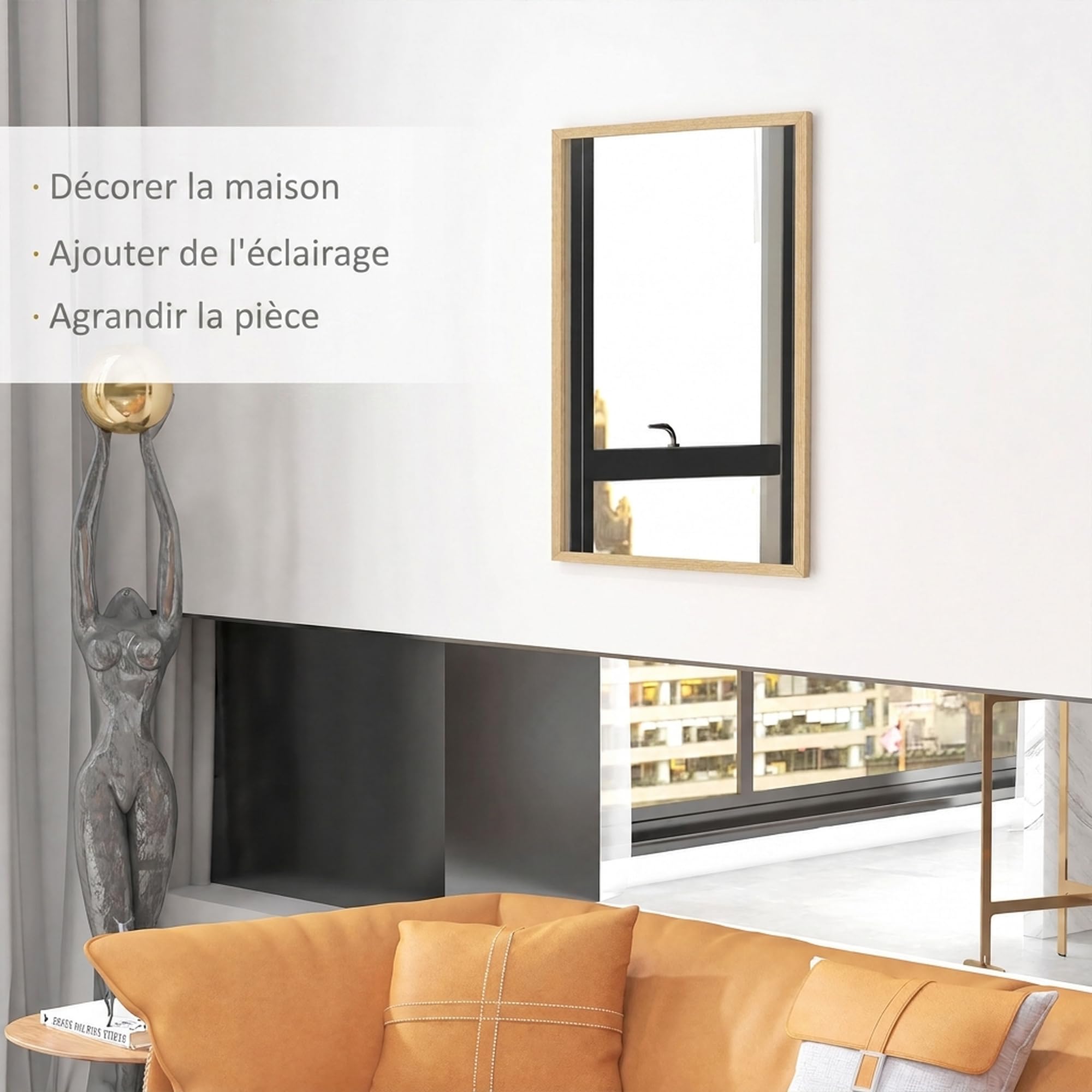 HOMCOM Specchio da parete rettangolare 90x70cm Cornice in legno naturale