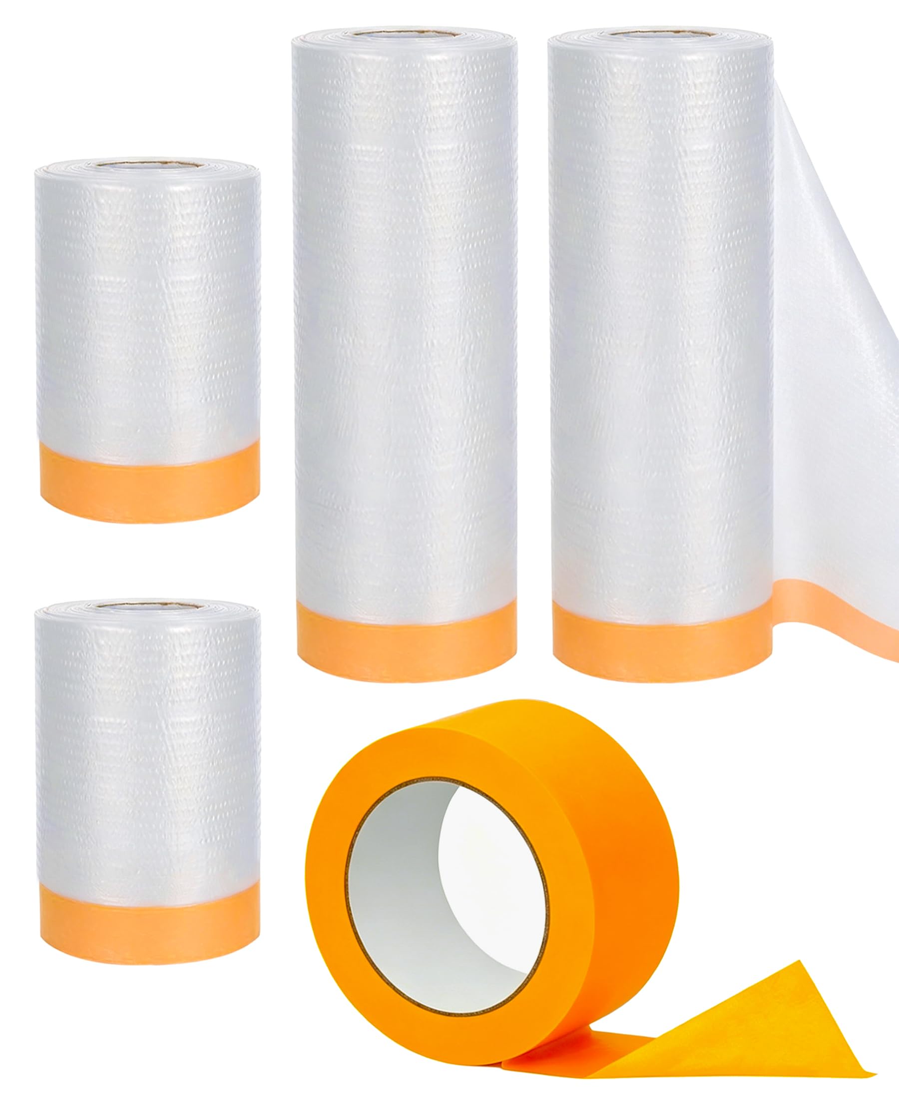 HRJZF 80 M Pre-Taped Masking Film Set (55 + 150 + 270 cm) with Painter’s Tape 24 mm x 50 m | 106 m² Pre-Taped Covering Film | 4 Pcs Plastic Dust Sheets for Windows, Doors and Switches