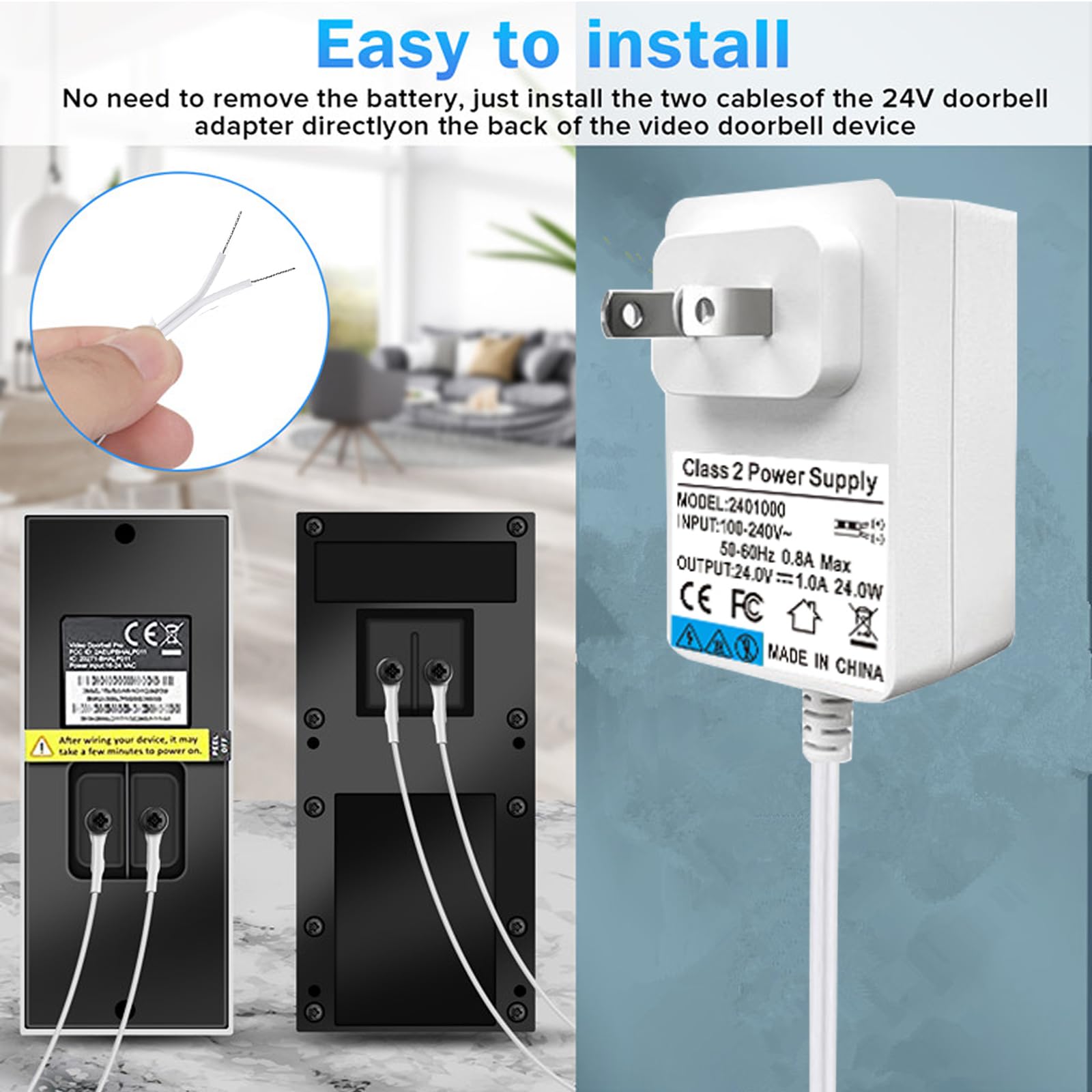 Yale Video Doorbell Power Adapter - 8m Cable, 24V Continuous Power Supply With EU & UK Plugs