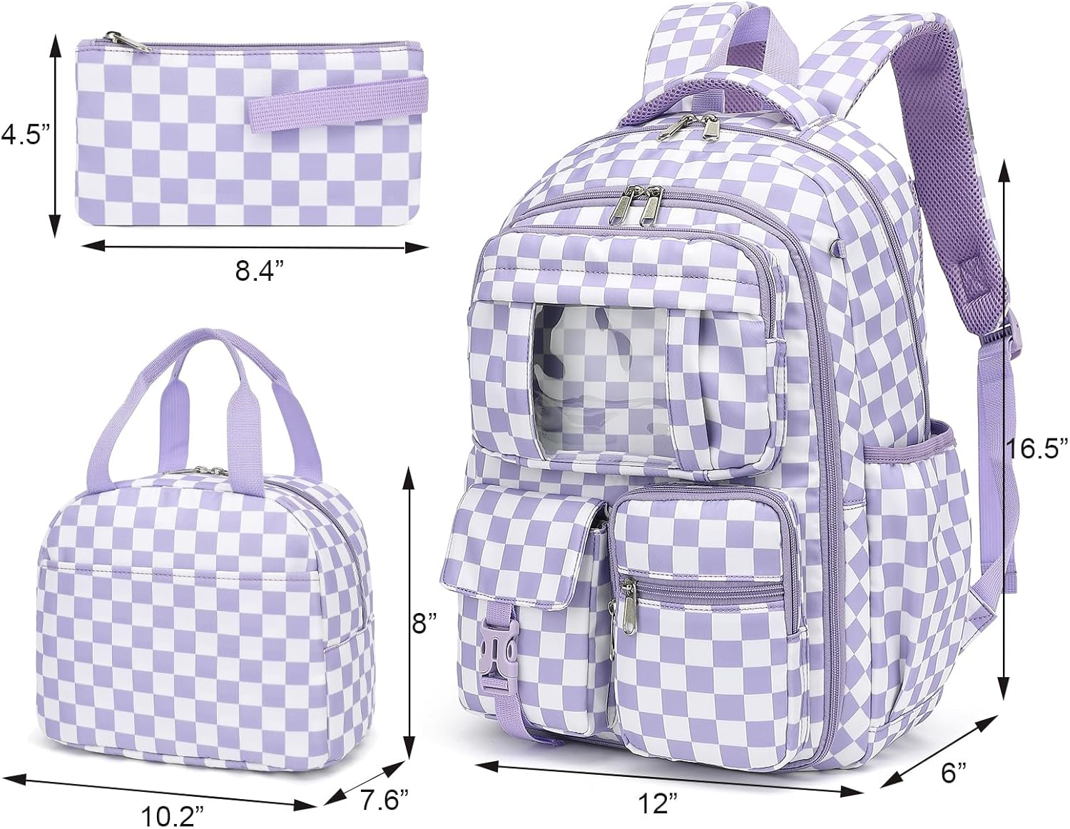 Girls School Backpack Set - Teens Kids School Bag Bookbag with Lunch Box Pencil Case for Elementary Middle School (Checkered Purple)