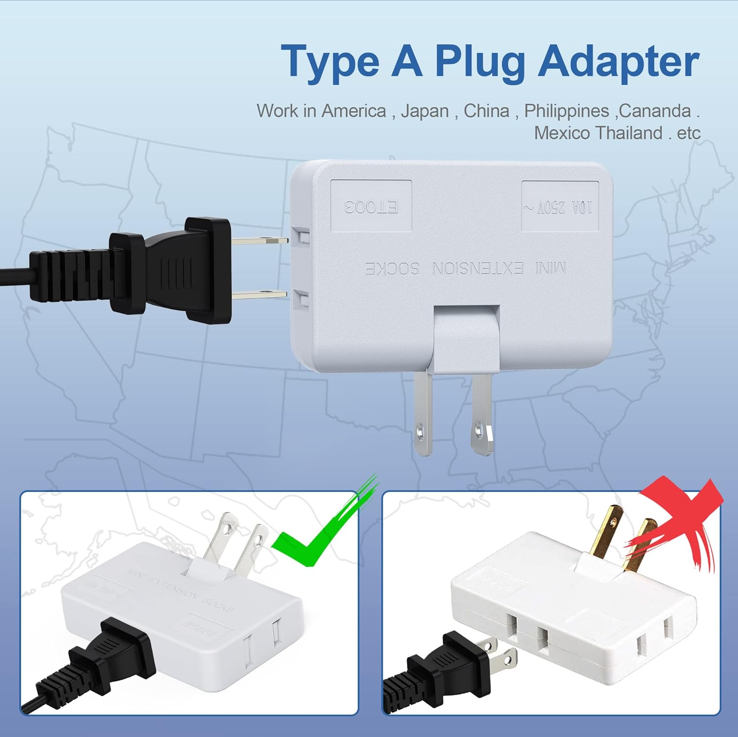 3 Way Flat Wall Outlet Extender Safe AC Adapter - 2-Prong Swivel Mini Indoor Wall Tap Plug, Outlet Splitter (Quick & Easy Install) Perfect for Home and Travel, Type A, White (3 Pack) thumbnail
