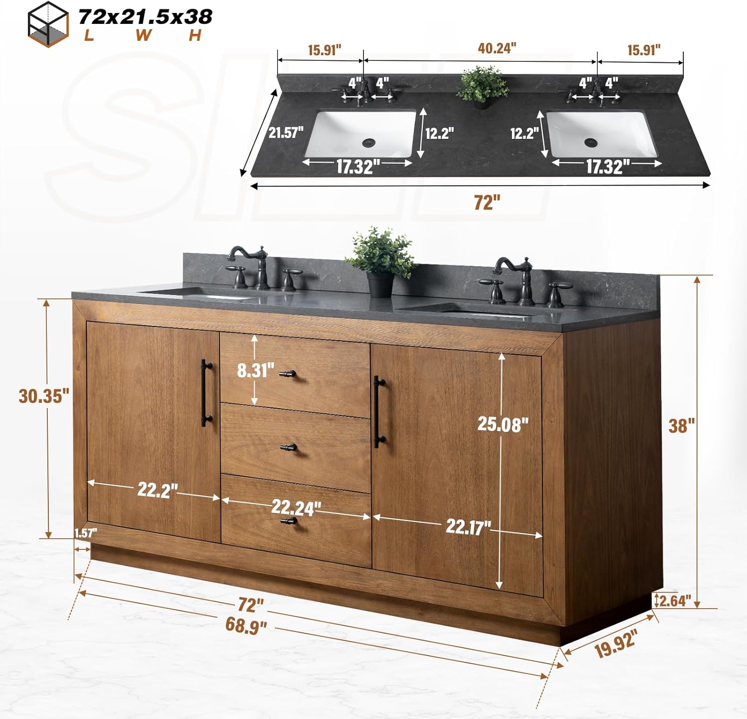 HOMEBEYOND 72" Bathroom Vanity with Double Sink & Ceramic Top, MDF Material Vanity Cabinet with Basin Combo, Soft-Closing Doors, Removable Shelf, Backsplash, Tan