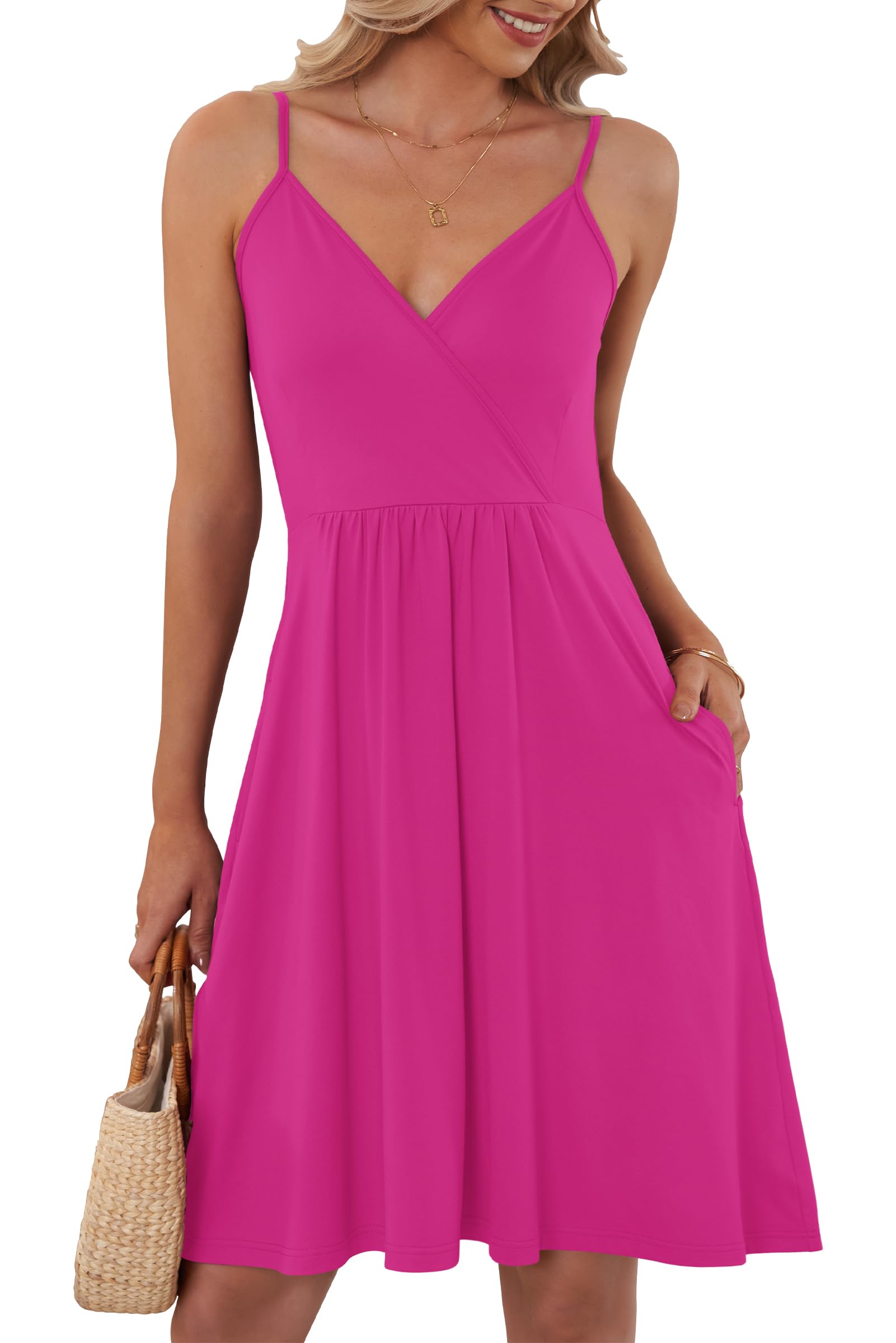 AUSELILY Summer Dress for Women UK V Neck Spaghetti Strap Casual Dress Beach with Pockets Rose Red 2XL