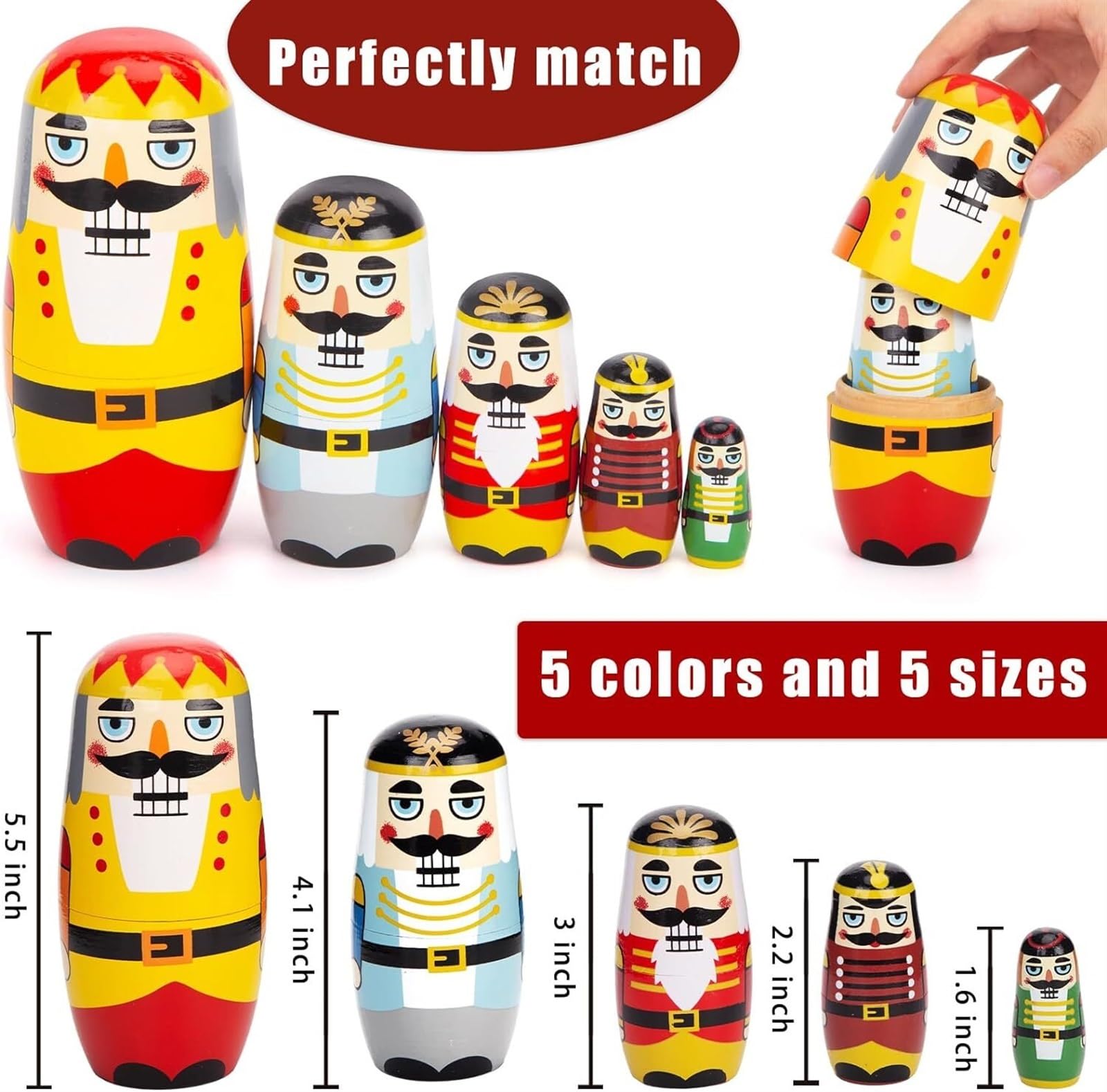 Poupée Russe 5 Pièces Belles Poupées Gigognes en Bois Faites À La Main Casse-Noisette Matryoshka Traditionnelle Jouet Empilable(A)