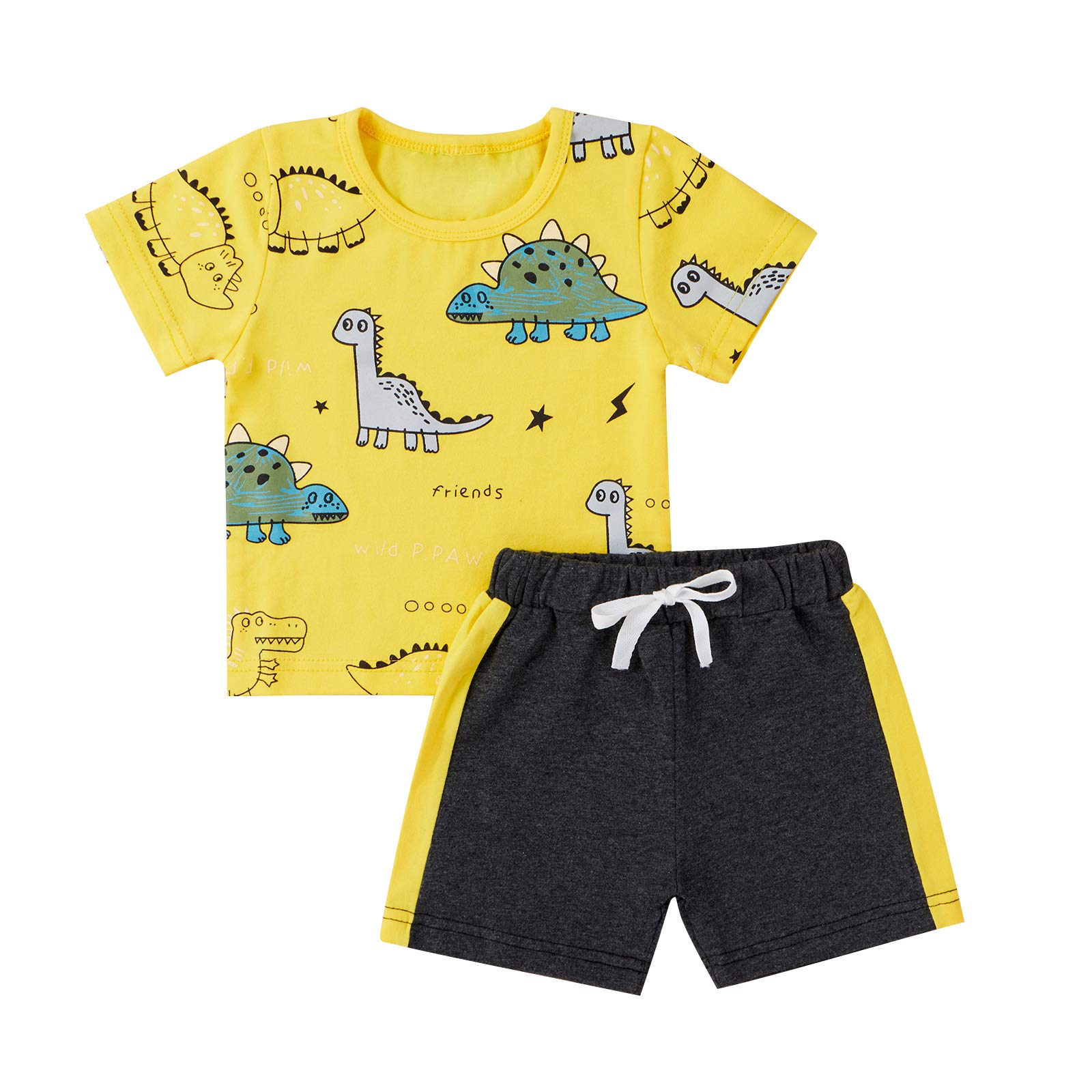 Infant Toddler Baby Boys Clothes Set Short Sleeve Dinosaur Print Sweatshirt Top Tank Short 2Piece Summer Outfits (Yellow+Short Sleeve, 2-3 Years)