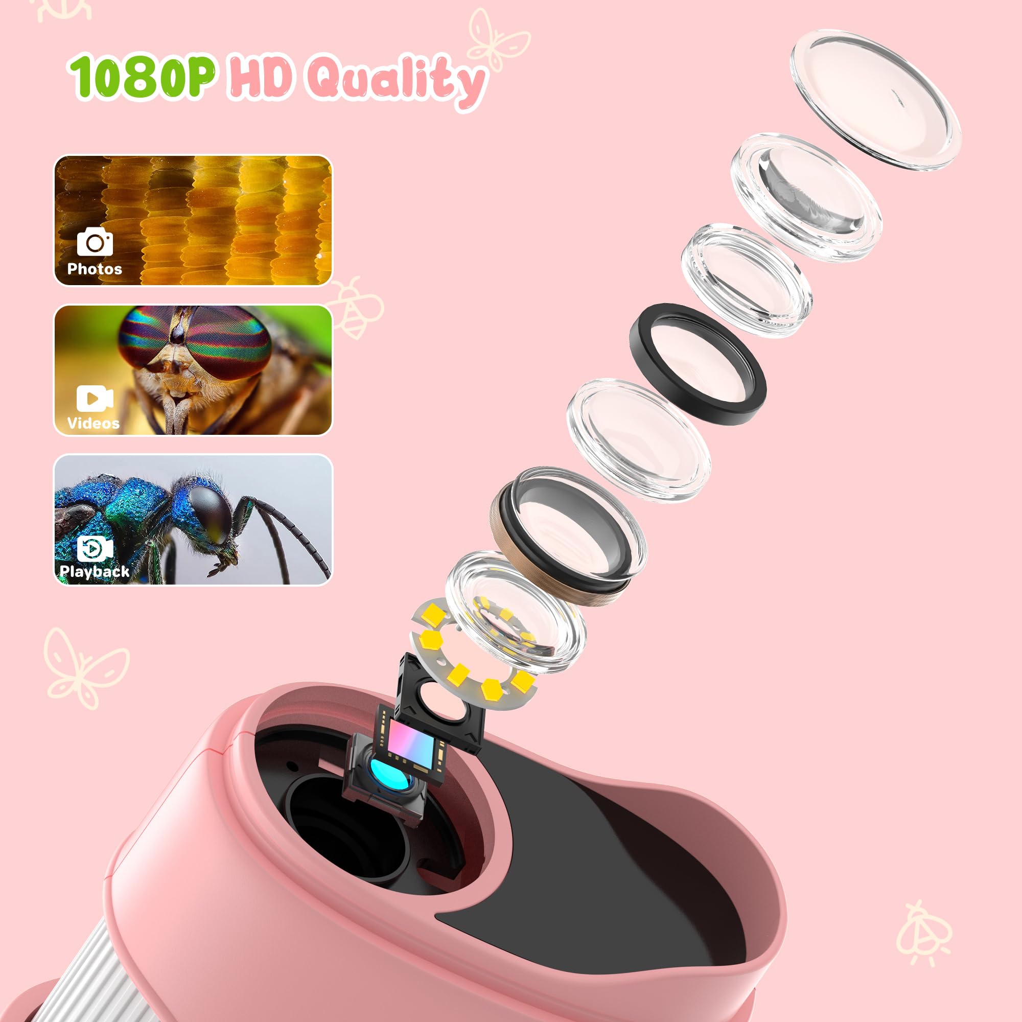 1000X Portatil Digital Microscopio Niños: Magnifying Glass para 2.0" IPS Pantalla - Regalo Original 3-8 8-12 Años Niña Infantil - Lupas Gran Aumento con Luz Rosa
