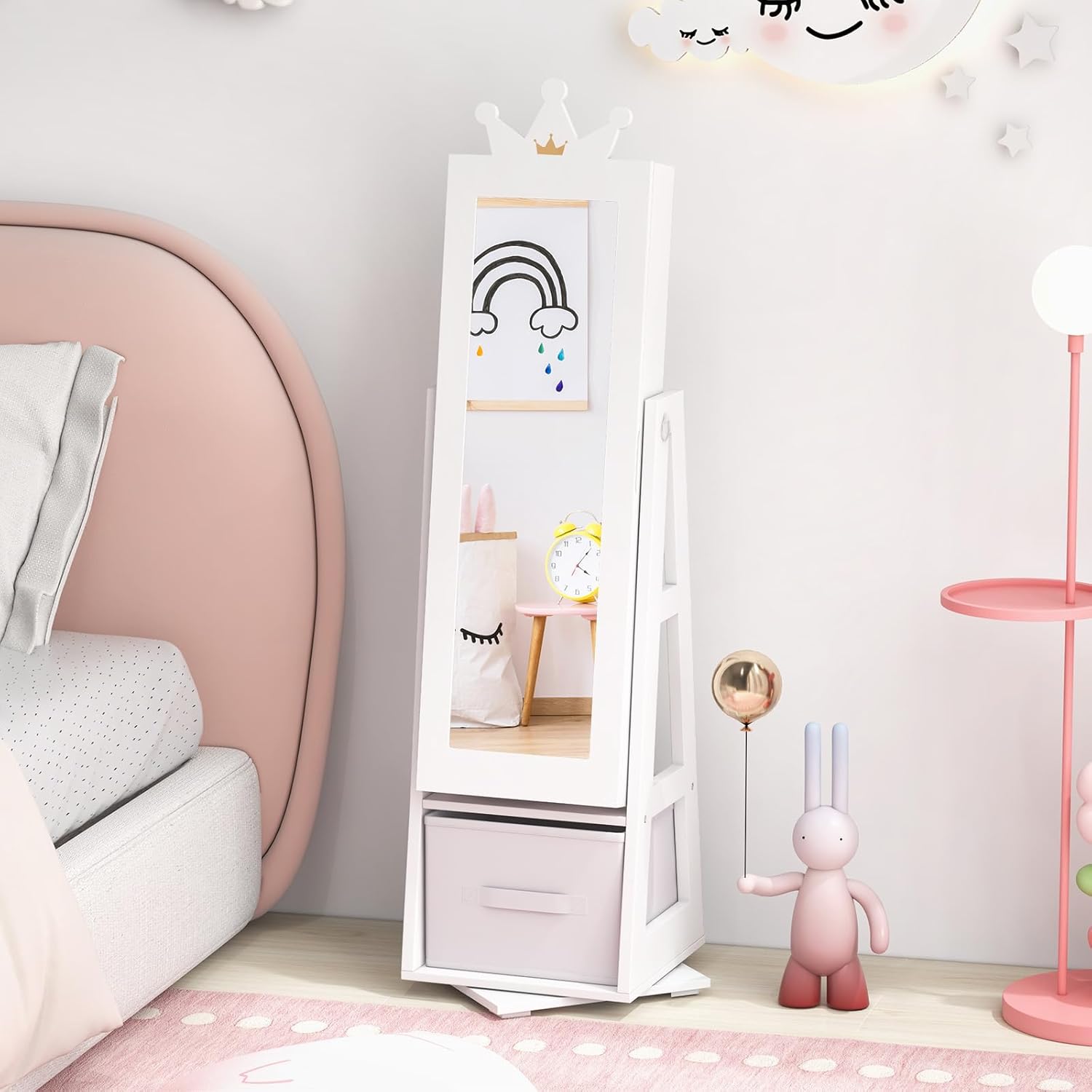 CHARMAID 360° Swivel Kids Jewelry Cabinet, 47" Full Length Mirror with Jewelry Storage, Jewelry Armoire with Drawer and Back Shelf, Kids Vanity Dressing Mirror Jewelry Organizer for Girls (White)