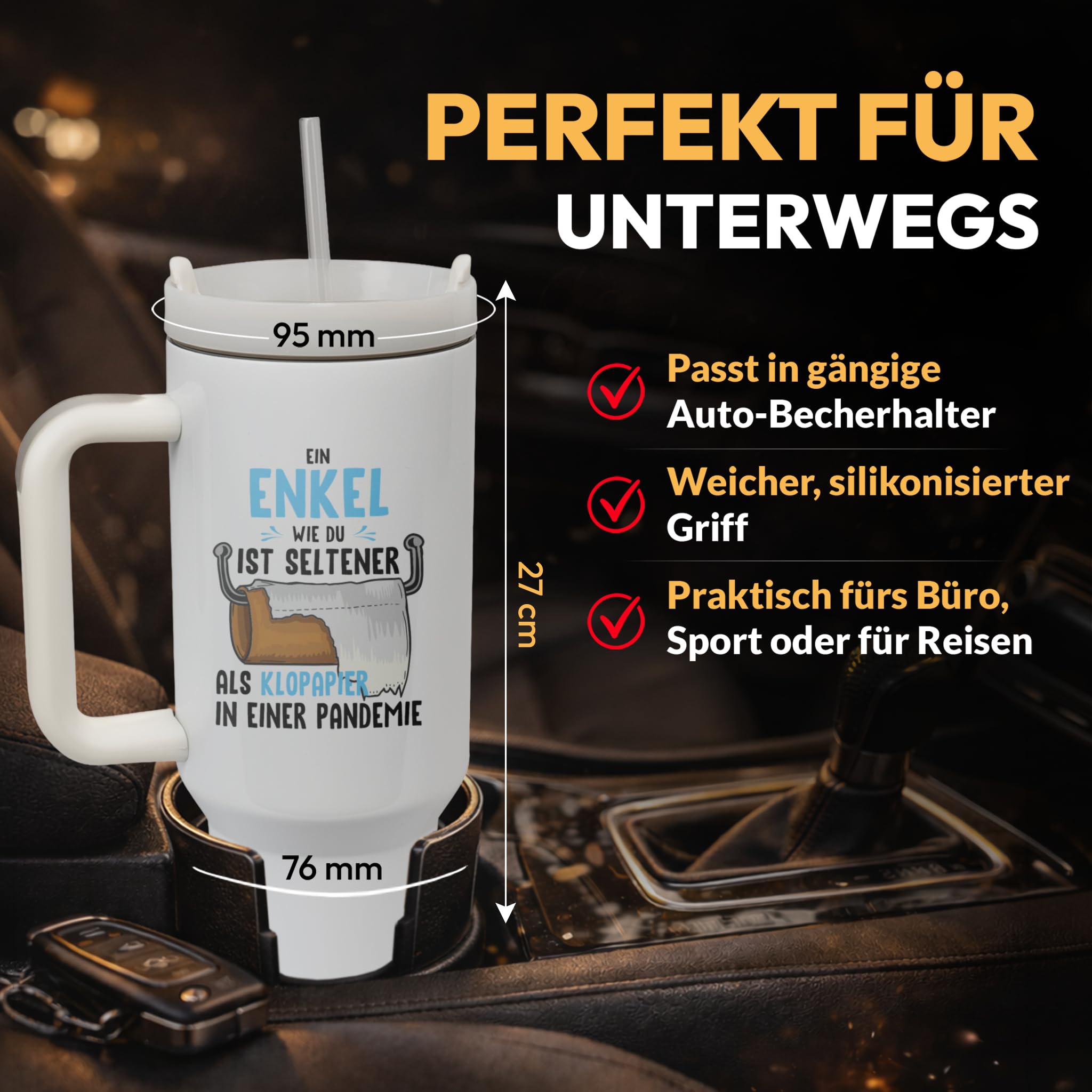 XXL Thermobecher für Enkel – Lustiges Geschenk zum Geburtstag & Weihnachten – Edelstahl Trinkflasche, Weiß mit Spruch Ein Enkel wie du (WIEDERVERWENDBAR)