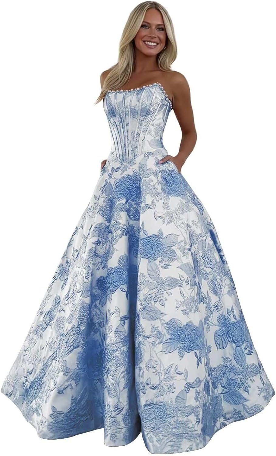 Jacquard Satin Prom Dresses Strapless Floral Ball Gown Corset Long Evening Dress with Pocket