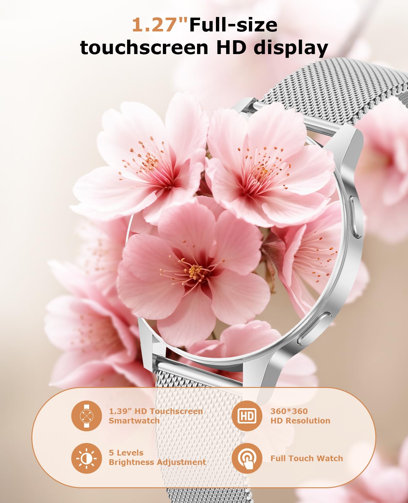SLOKSFil Smartwatch Donna, 1.27”Touchscreen Completo Orologio Donna Rotondo con Chiamate Bluetooth, 24H Frequenza Cardiaca Monitor Sonno, 100+ Modalità Sportive Compatibile con Android iOS (Argento)