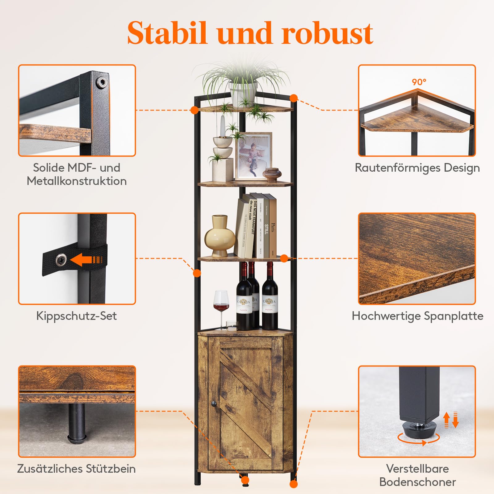 Lifewit Weinschrank Eckschrank 5 Ebenen mit LED Licht, Vintage Barschrank mit verstellbare Einlegeboden, Eckregal mit Stauraum für Bar, Küche, Wohnzimmer, Esszimmer, Rustikales Braun