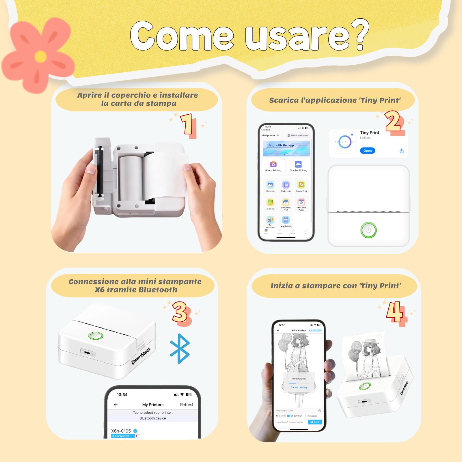 Mini Stampante Termica X6 Bluetooth, Etichettatrice Portatile per Smartphone, Compatibile iOS Android, Bianco