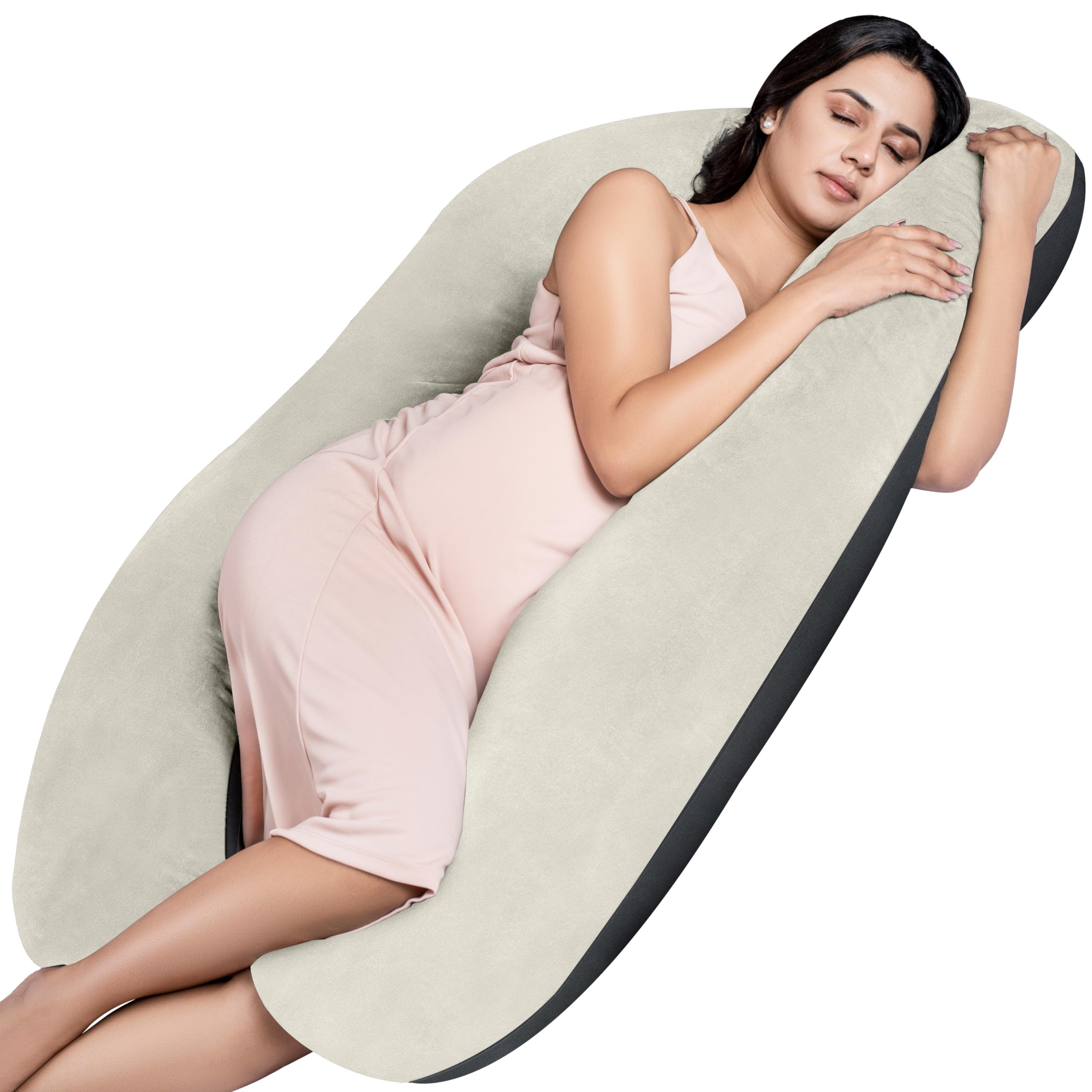 MY ARMOR Full Body U Shape Pregnancy Pillow for Women, Maternity Pillow Gift for Pregnancy Sleeping, 3 Months Warranty, Premium Velvet Cover with Zip, Black + Cream