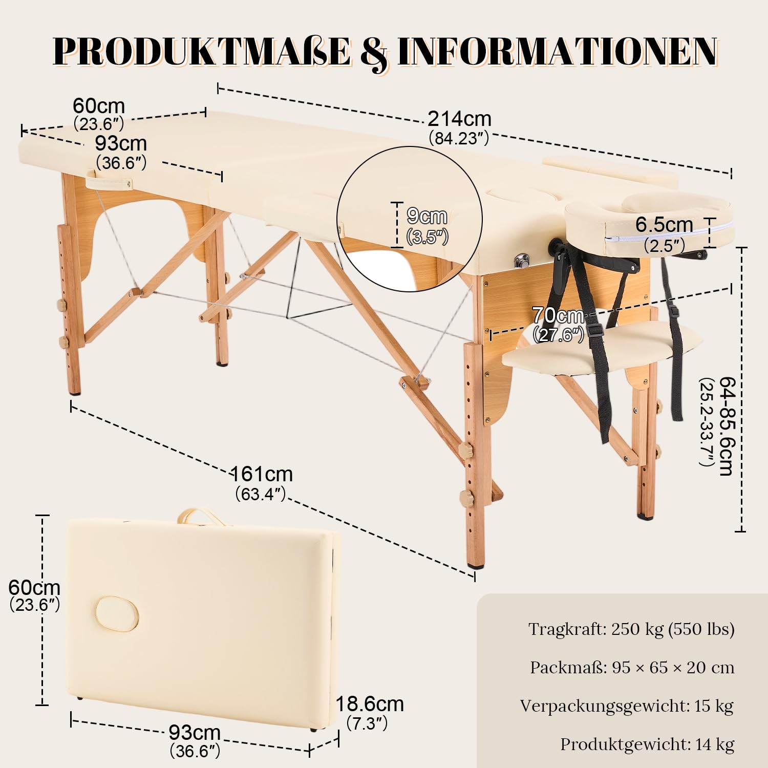 Kidol & Shellder® Cama de masaje 60 cm, składana, pojemność 250 kg, 9 cm, acolchado, bolso de transporte, cierre double, Blanco