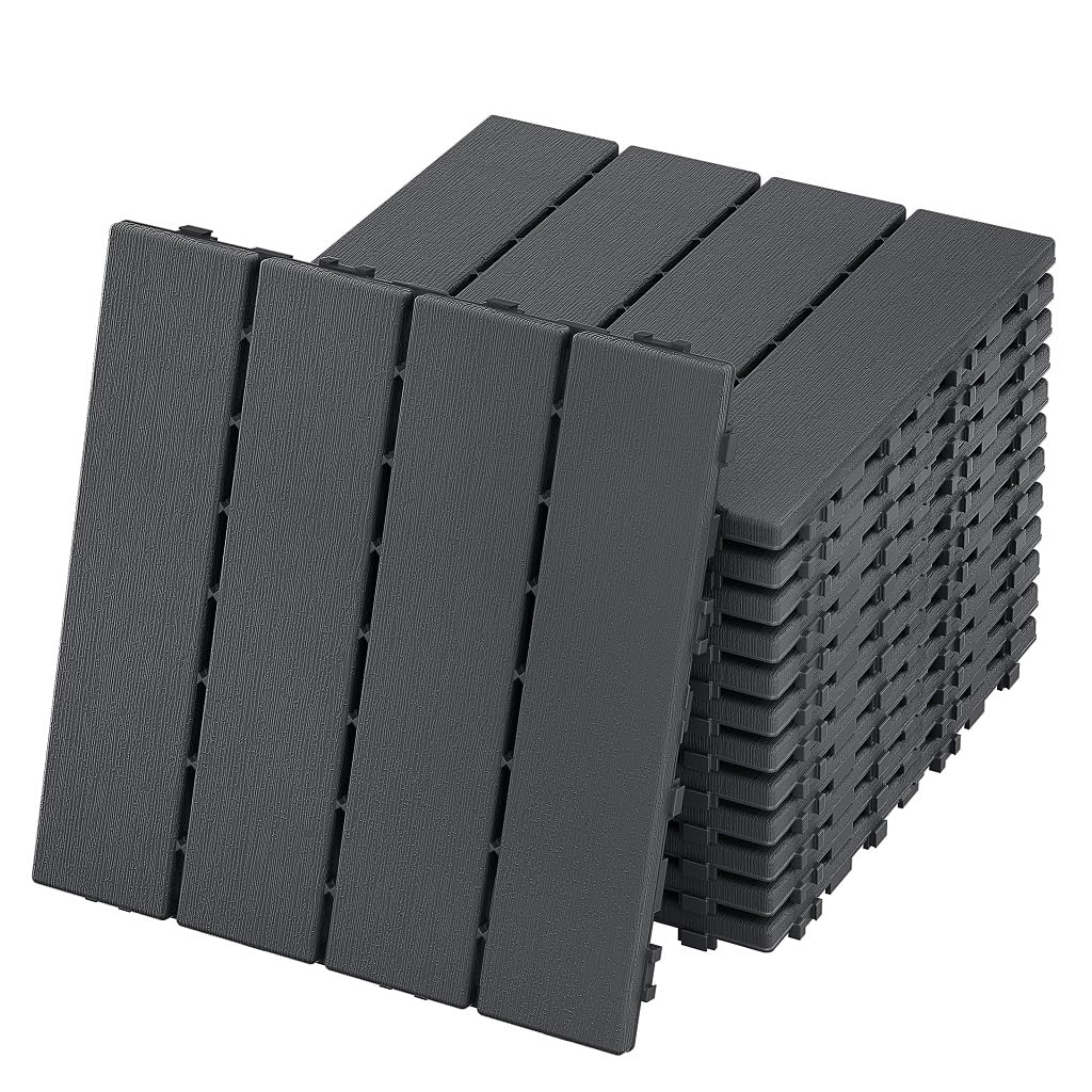 YEATHOR 33 Pack Decking Tiles 30x30cm Interlocking Garden Tiles Outdoor Deck Flooring Plastic with Click System & Drainage Base Patio Slabs Imitation Wood Grain for Poolside Balcony, Type A