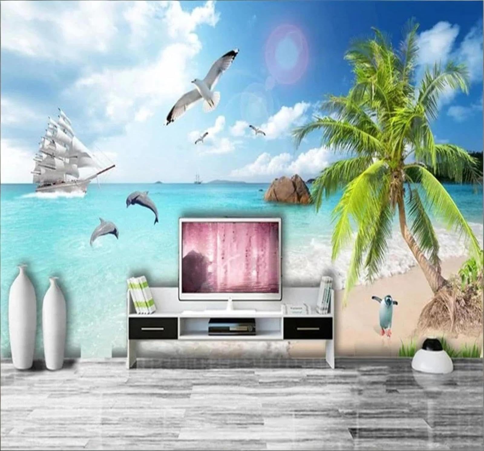 XLMING Fresh Ocean Seascape Coconut Trees Beach 3D Wallpaper Luxury Home Dining Decor Paste Sofa Living Room The Wall for Bedroom Mural-300cm×210cm
