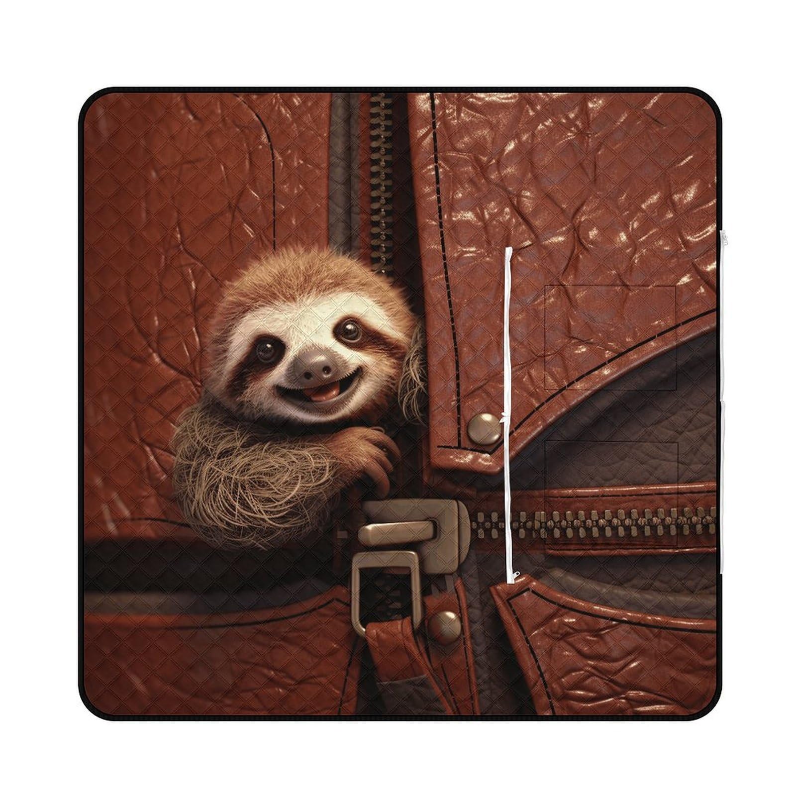 VstaDank Sloth on Zipper Picnic Mat 150x150cm Extra Large Picnic Blanket with Zipper Waterproof Sandproof Beach Blanket Portable Beach Mat Foldable Camping Blankets for Park Grass Lawn Travel