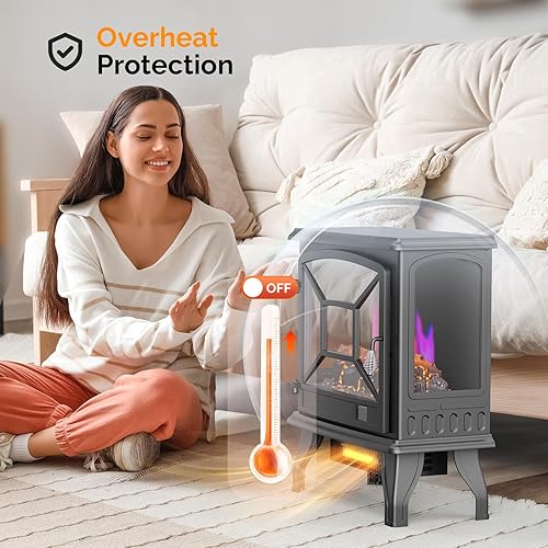 Miniatura 5 de ROVSUN Estufa eléctrica de chimenea, calentador independiente de 23 pulgadas de alto con efecto de llama realista, aplicación y control remoto,
