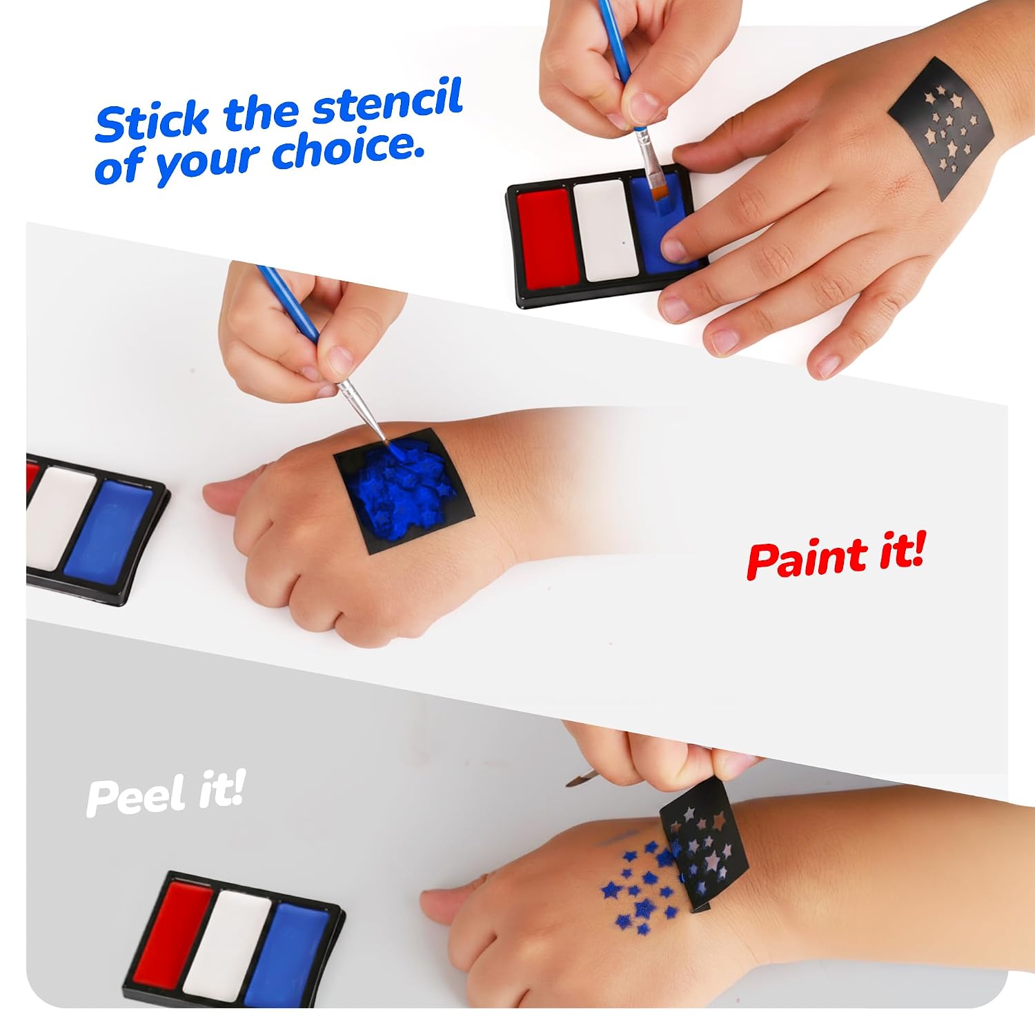 ArtCreativity Patriotic Face Paint Kit for Kids - USA Face Painting Set Includes 36 Stencils, Pallet of Paint with Red, White & Blue Colors, Brushes & Glitters - DIY Craft