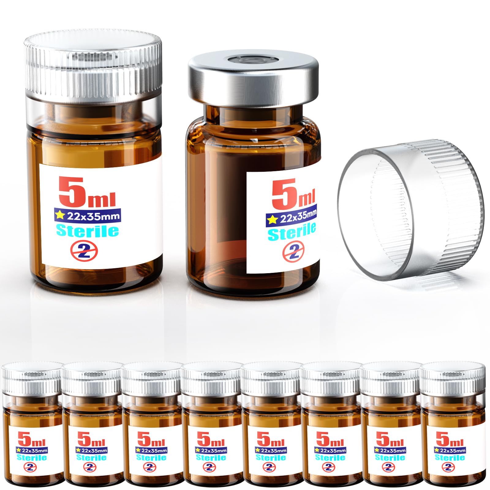 Biomed Solutions Sterile Empty Vial with Reusable Plastic Cap,Ready to Fill Glass Containers, Liquid Injection Bottle Sealed with Self Healing Injection Port (5ml Amber 10pcs)