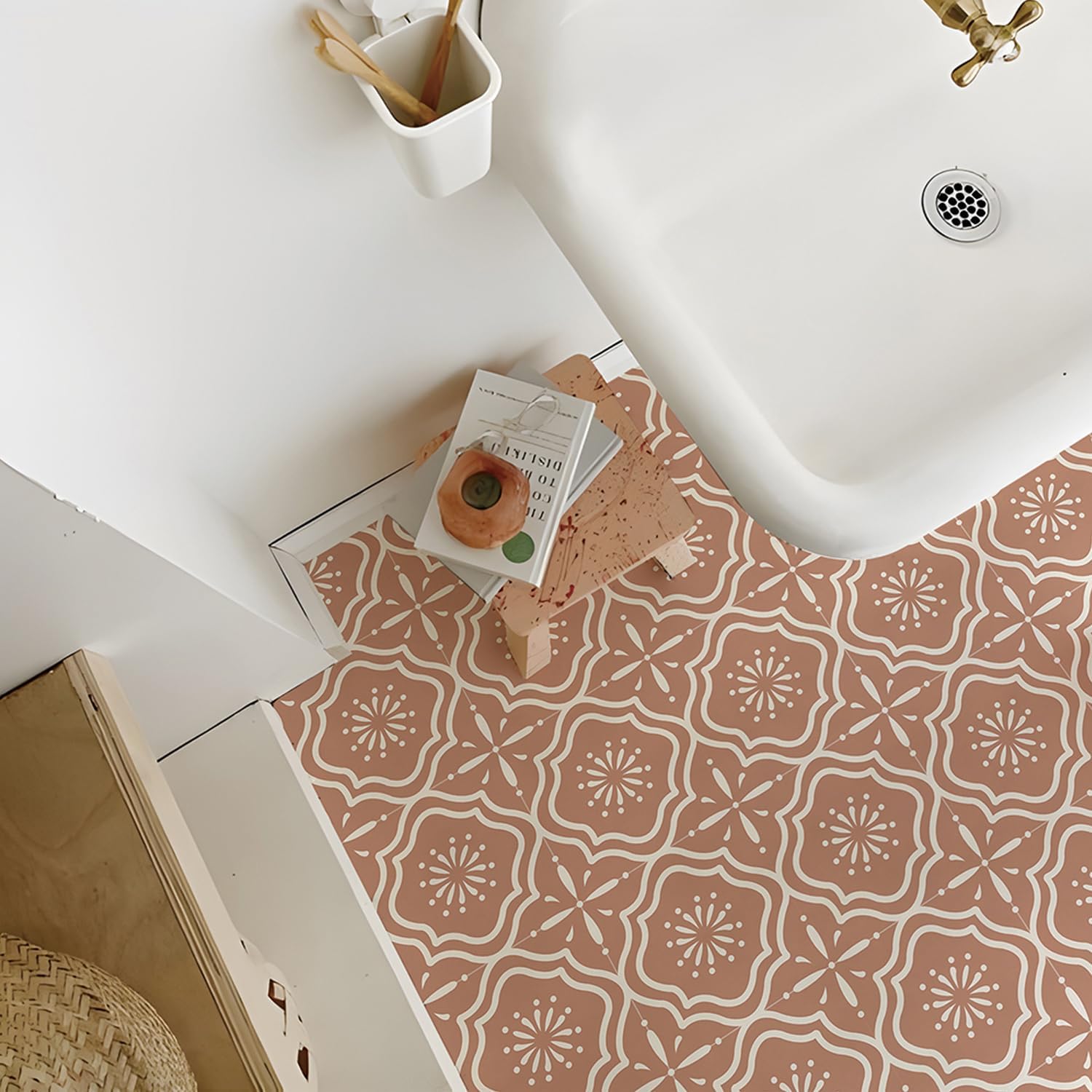 7.87×7.87in Flora Moroccan Tile Stickers Peel and Stick Self Adhesive Decorative, Kitchen Backsplash Vinyl Bathroom Wall Floor Tile Decals 10pcs