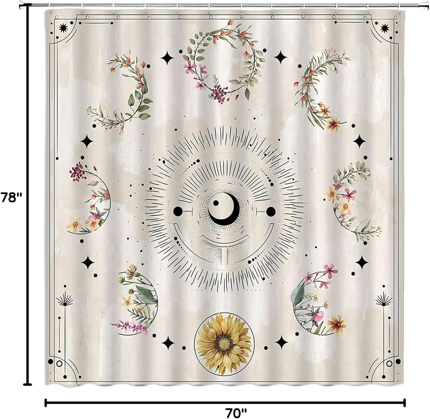 Moon Phase Shower Curtain Boho Floral Celestial Vintage Wildflower Plant Floral Herbs Beige Fabric Bathroom Decor Set with Hooks(70" Wx78 H)