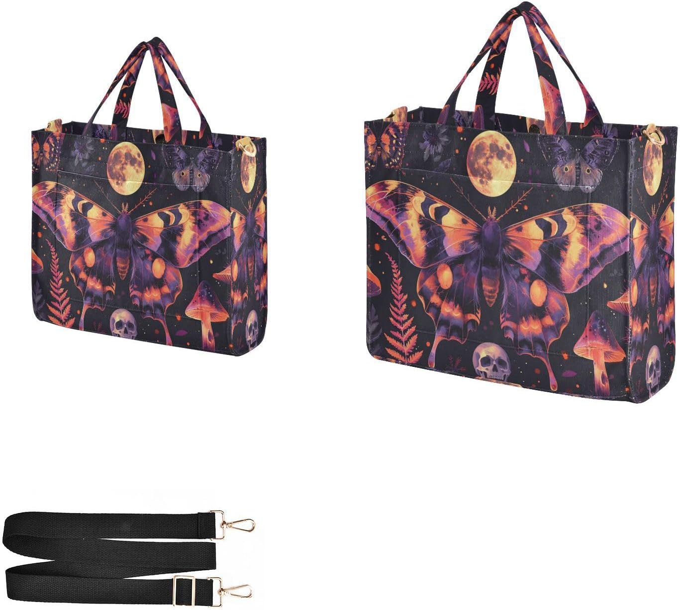 MNSRUU Corduroy Tote Bag for Women, Skull Butterflies under Full Moon Tote Bag with Compartments Crossbody Bag Hobo Handbag Women's Satchel Tote Shoulder Bag for Shopping Work Travel