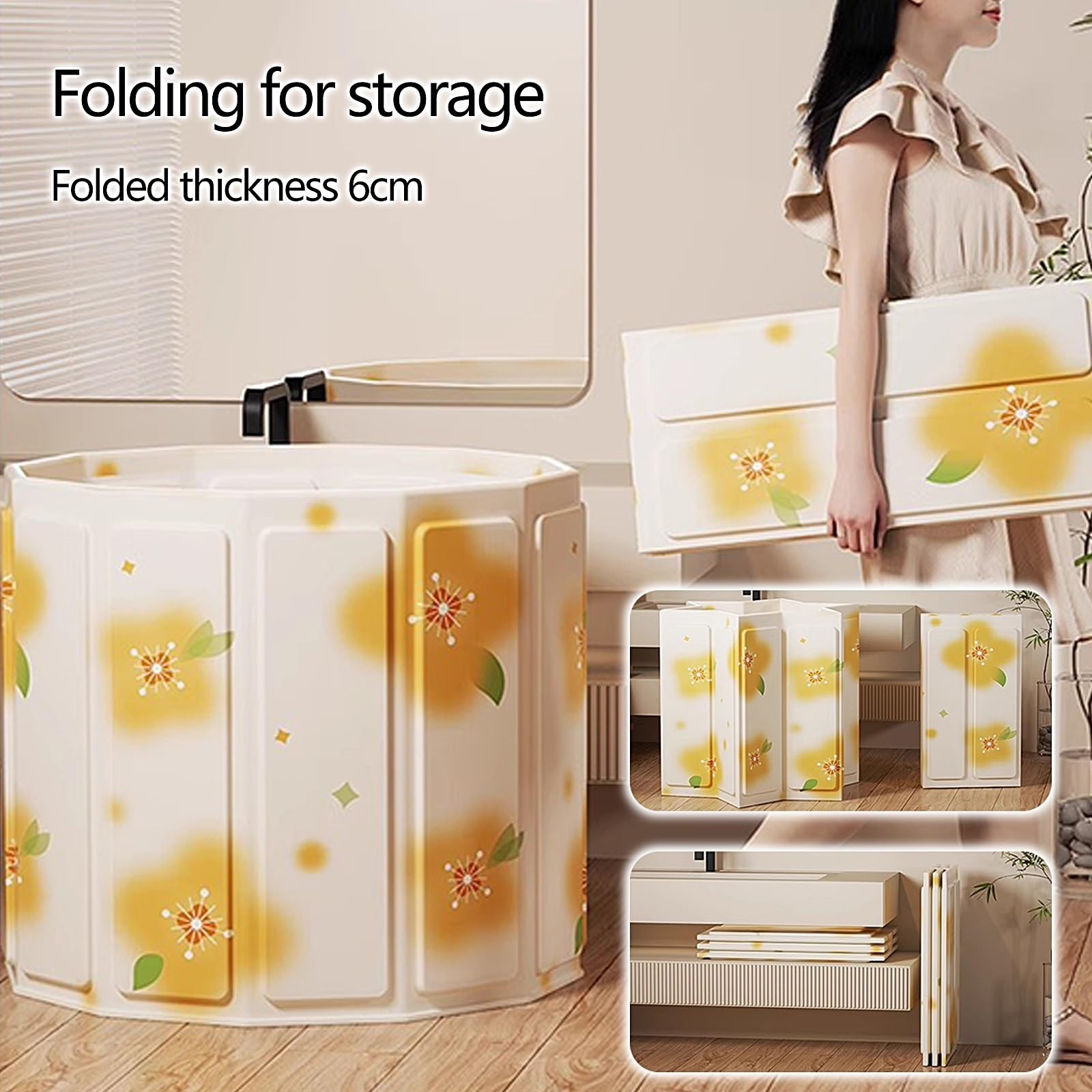 Bañera Plegable Adulto para Ducha con 2 Salidas de Drenaje Bañera Portatil Adulto Bañera Exterior con Funda, Cojín Relleno de Agua, Varilla Calefactora(Yellow,80 * 65cm)