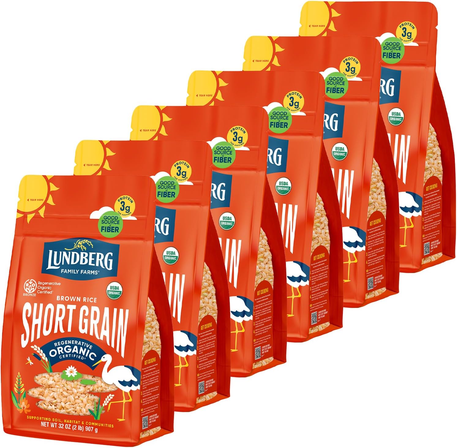 Lundberg Short Grain Brown Rice, Gluten-Free, Non-GMO Project Verified, Vegan, Kosher, 100% Whole Grain, Brown, 32 Ounce (Pack of 6), 192 Ounce