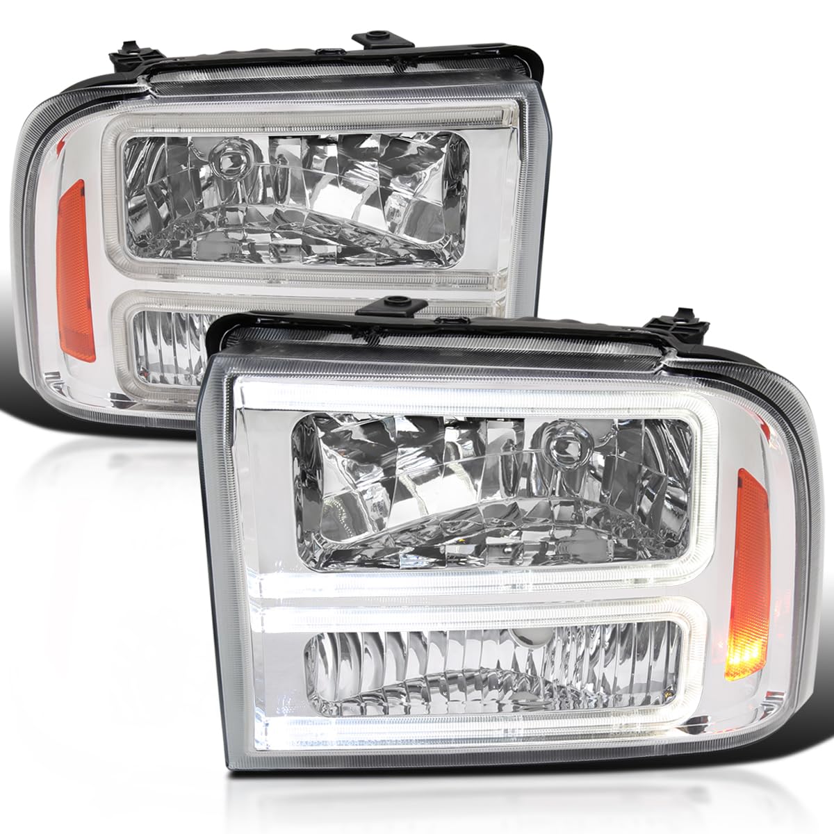 Spec-D Tuning Chrome LED BAR Headlights Compatible with 2005-2007 Ford F250 F350 F450 F550 Super Duty, Left + Right Pair Headlamps Assembly