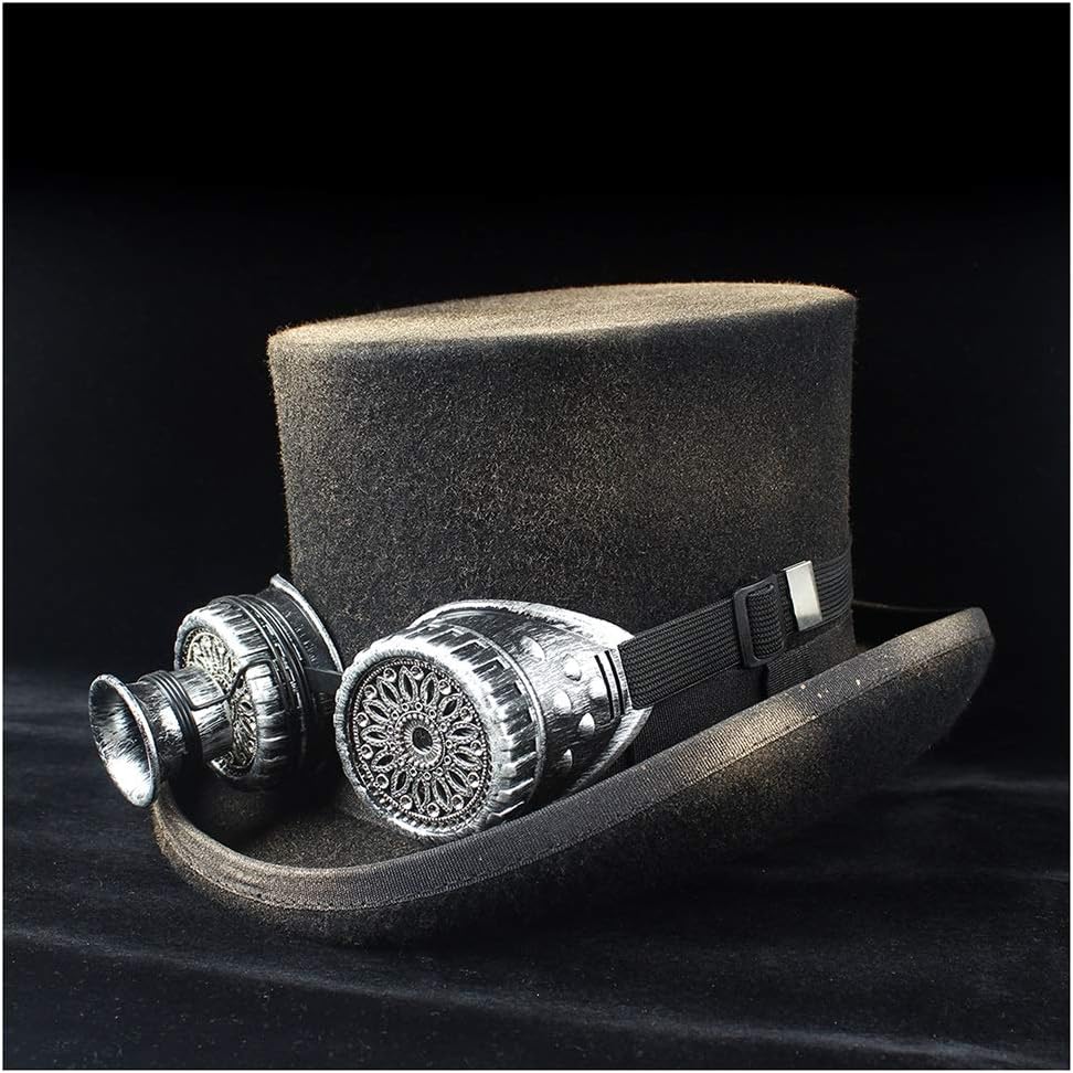 Opled Wool Magician Hat Men Women Topper Top HatT with Gear Glasses Fedoras Rock Band Hat Retro Spray Paint Steam Punk (Color : Black, Size : 55cm)