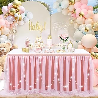 Dusty Rose Baby Shower Table Skirt 14FT Tulle Table Cover with LED for Wedding Party Cake Dessert Table Decorations