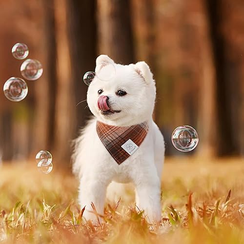 Miniatura 5 de E-Clover Bandana de perro a cuadros marrones y pañuelo a juego para perro, bandana triangular a cuadros para mascotas, babero para perros pequeños,