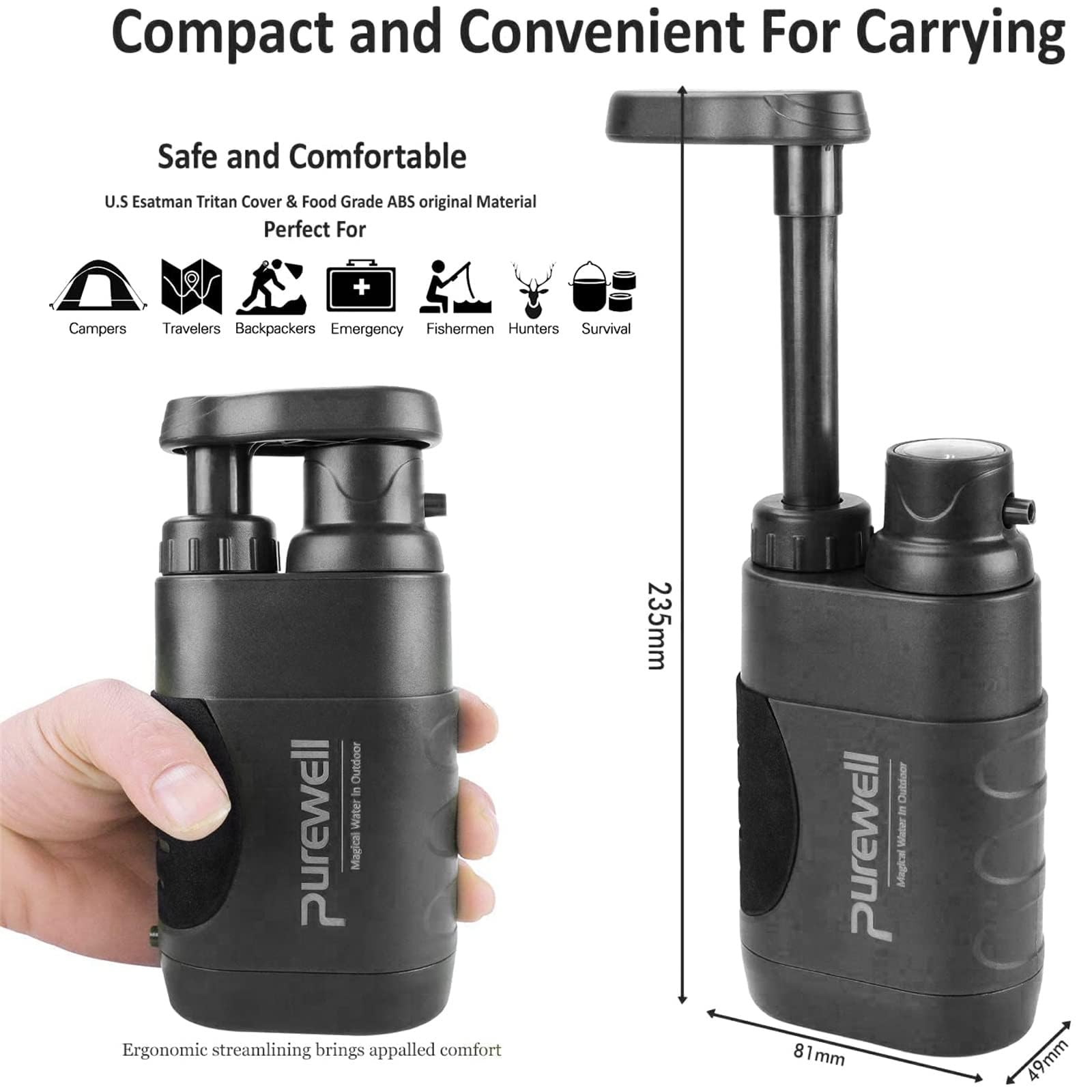 Gourde Filtrante Purewell 500ml | Filtre 99,999% Bactéries & Virus | Système Press & Drink | Pour Randonnée, Camping, Voyage