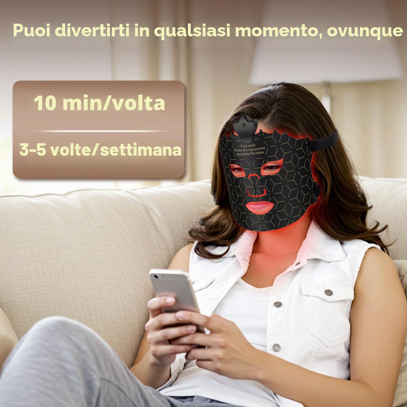Maschera LED viso 7 colori, 240 LED, senza fili | 7 modalità, copertura uniforme, silicone morbido, timer auto 10 min