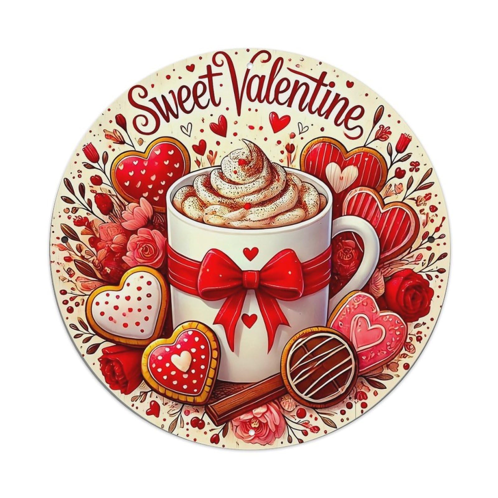 Sweet Valentine Hearts Cup Cookies Vintage Round Tin Sign Retro Metal Wall Decor Metal Poster, Home Bar Garage Cafe Wall Art Decoration 8x8Inches