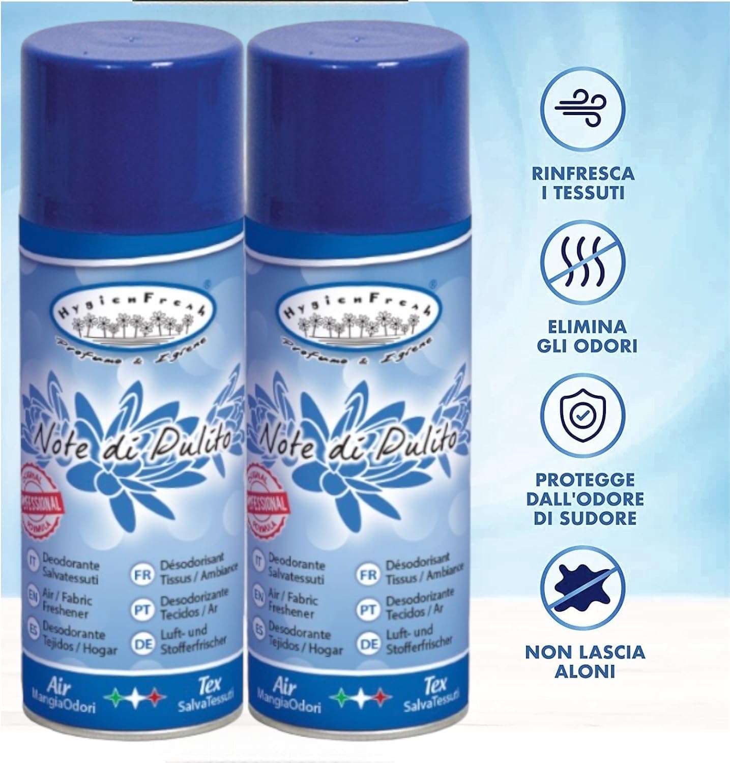 HOME PRO Kit de 6 aerosoles desinfectantes – Notas de limpieza – Desodorante profesional multiusos para tejidos y ambientes, elimina olores, protege tejidos – 6 x 400 ml – Fabricado en Italia