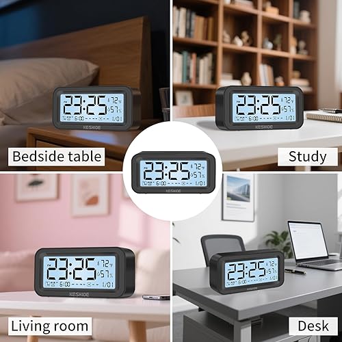 Miniatura 7 de Reloj despertador digital con luz nocturna, funciona con pilas, con temperatura interior y humedad, reloj pequeño de escritorio, modelo con función
