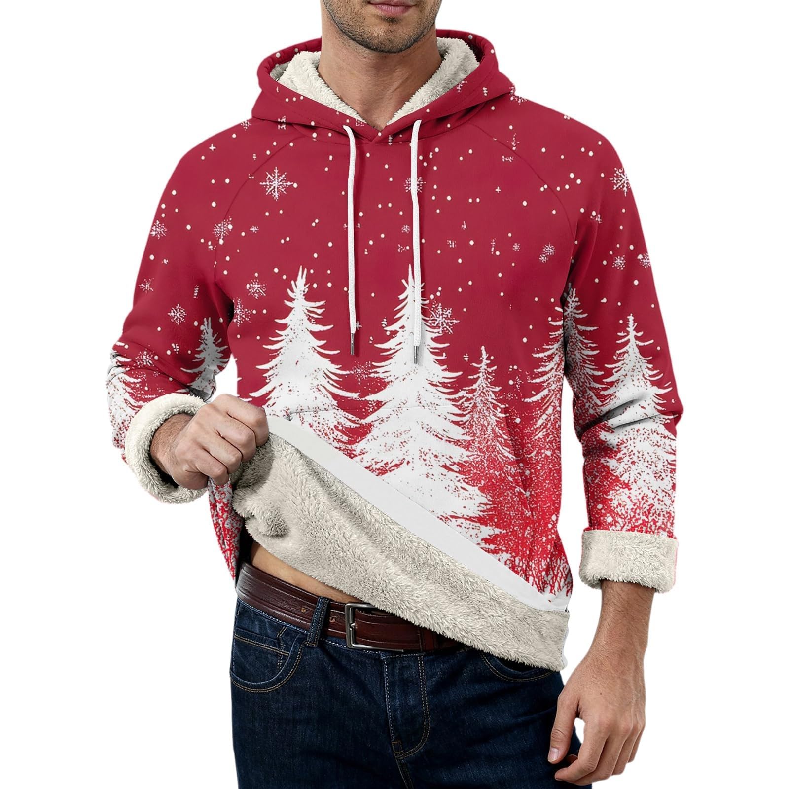 Sudaderas con capucha de Navidad forradas de forro polar para hombre divertido brillante árbol de Navidad sudadera oversize de manga larga suéter cálido sherpa tops novedad trajes navideños ropa de